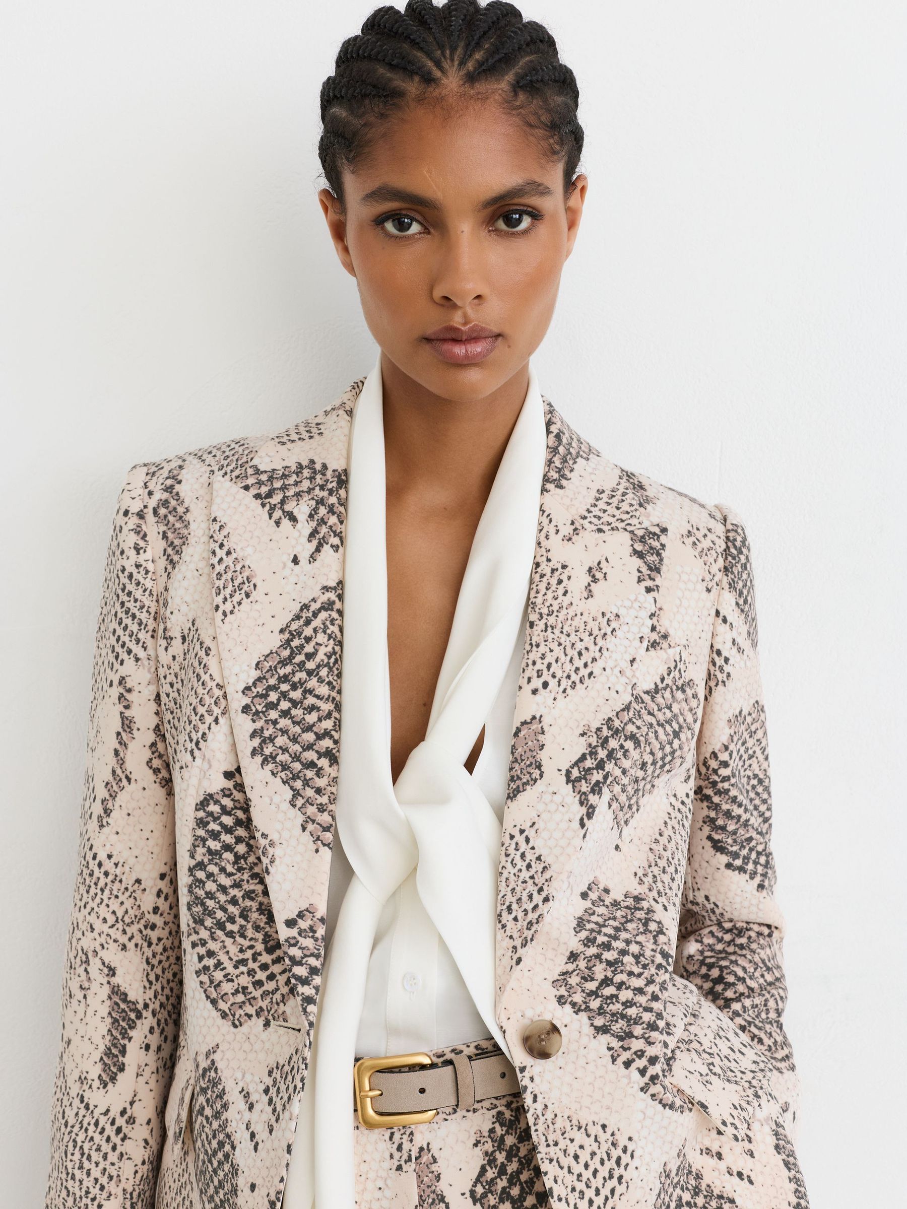 Snake-Print Single-Breasted Blazer in Ivory/Grey - Image 5 of 7