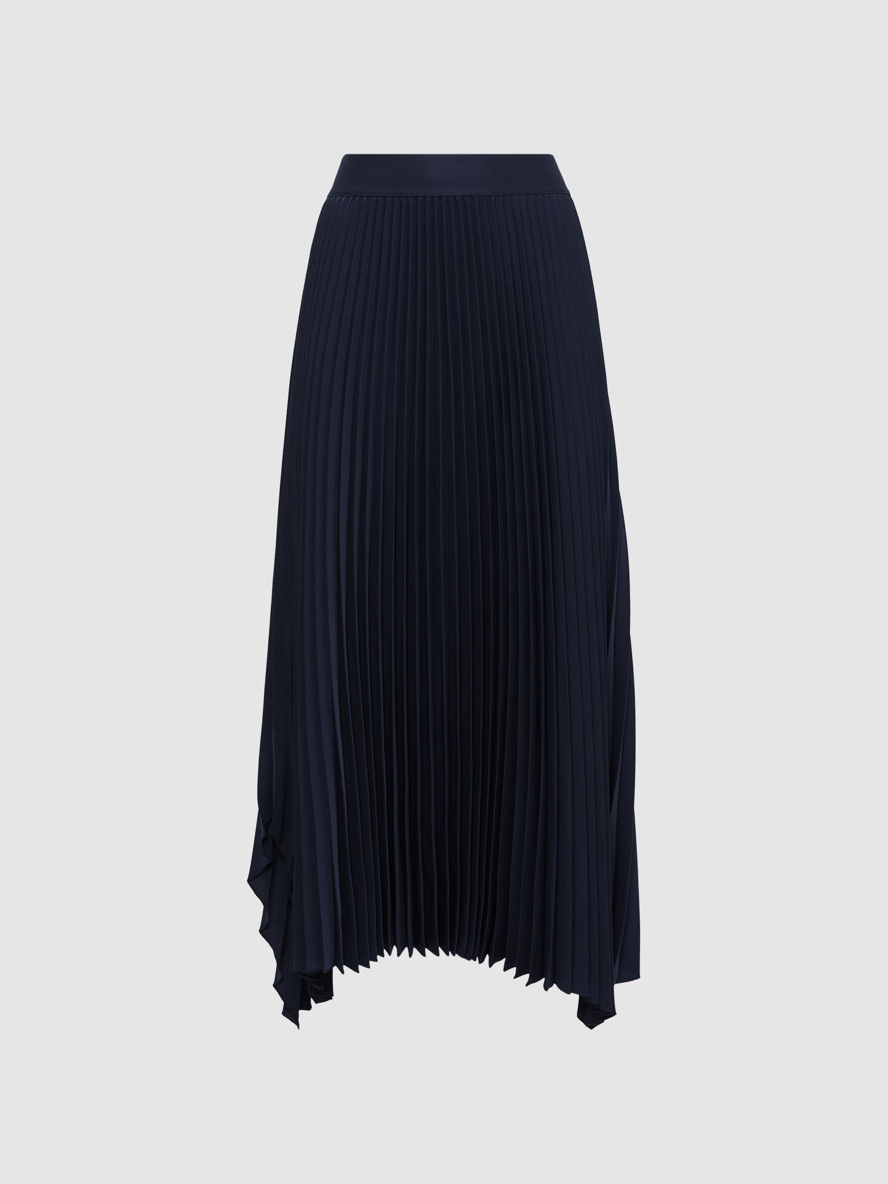 Pleated Asymmetric Midi Skirt in Navy - Image 2 of 4
