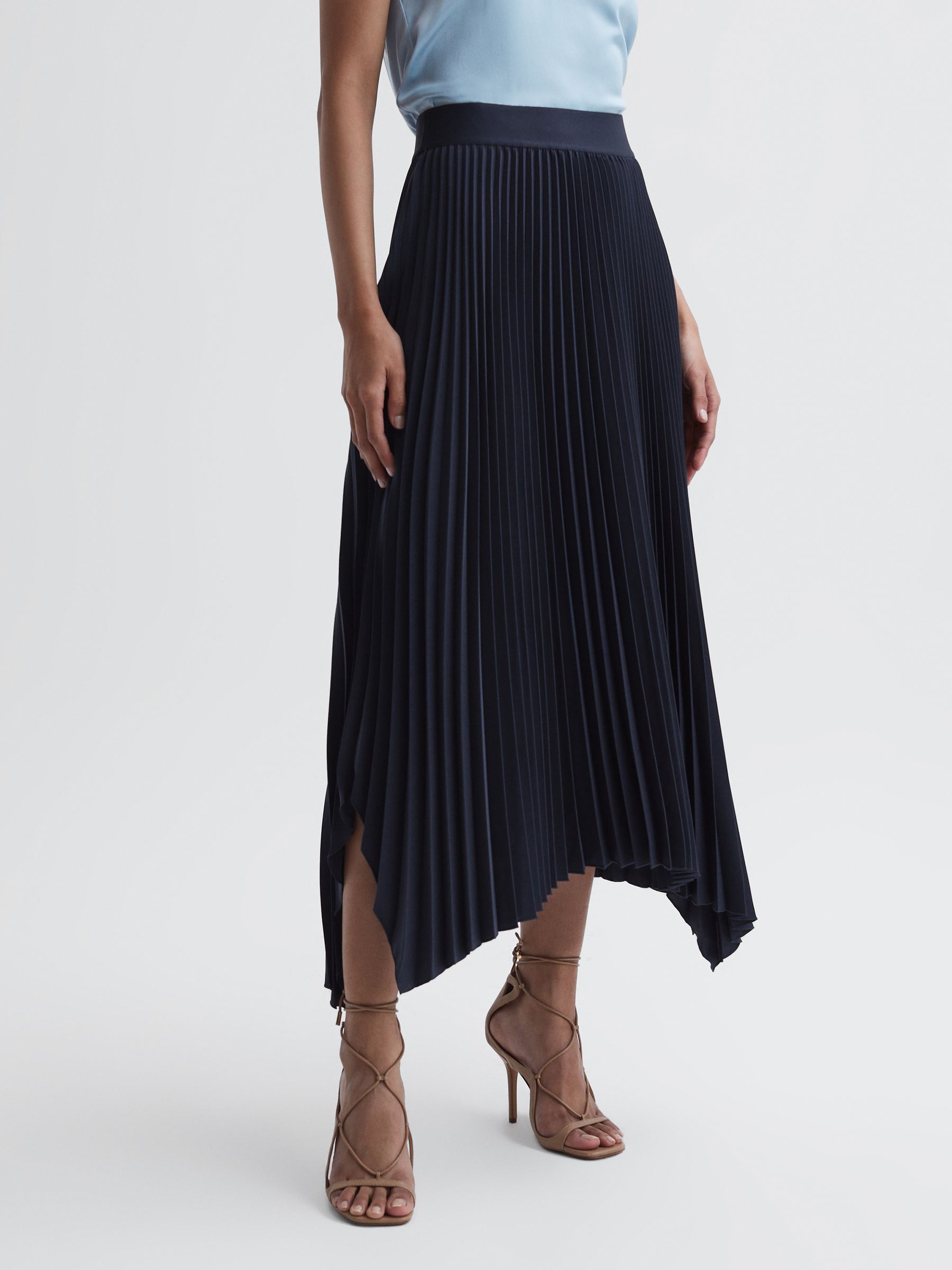 Pleated Asymmetric Midi Skirt in Navy - Image 3 of 4