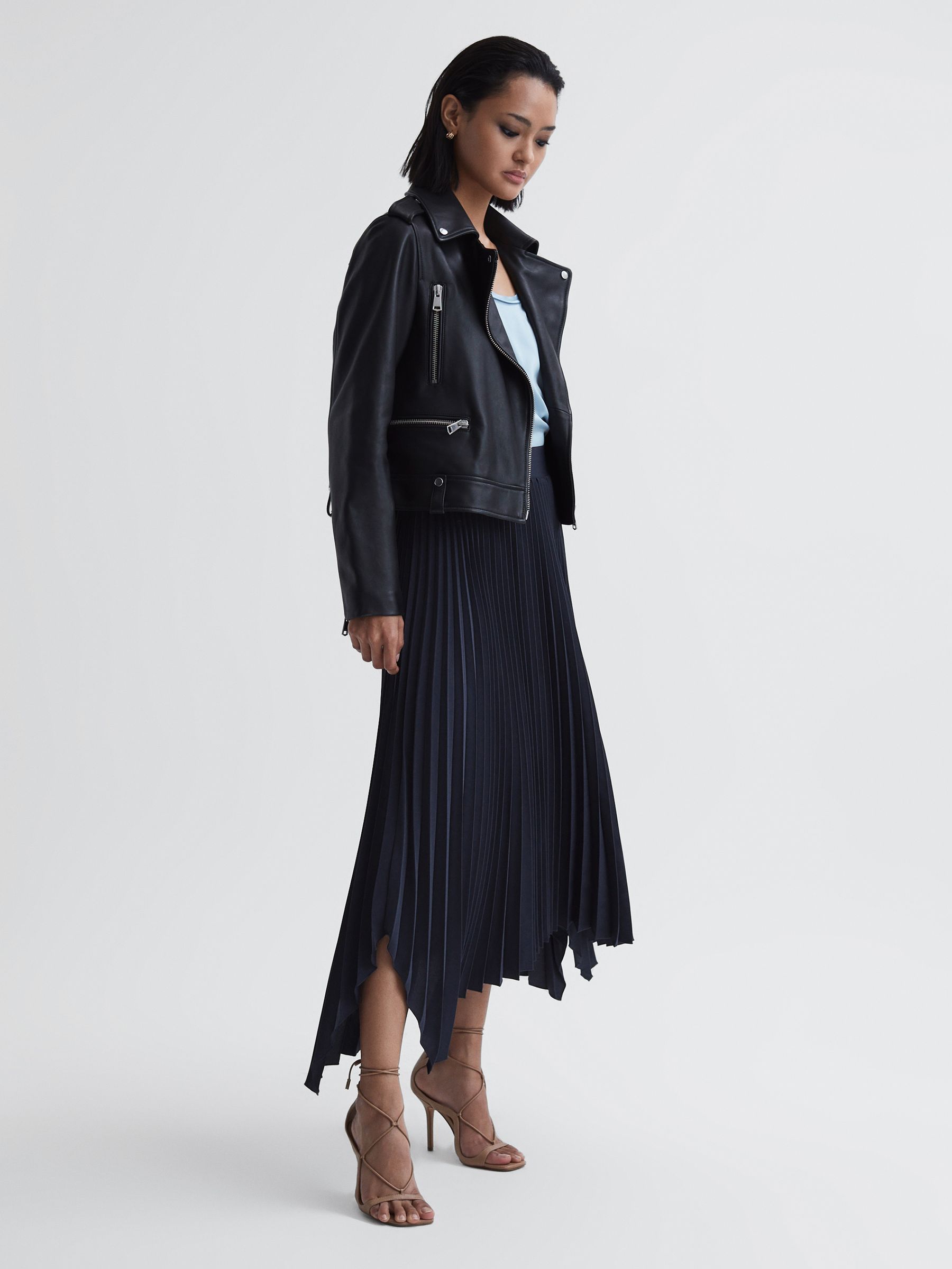 Reiss Pleated Asymmetric Midi Skirt in Navy - REISS
