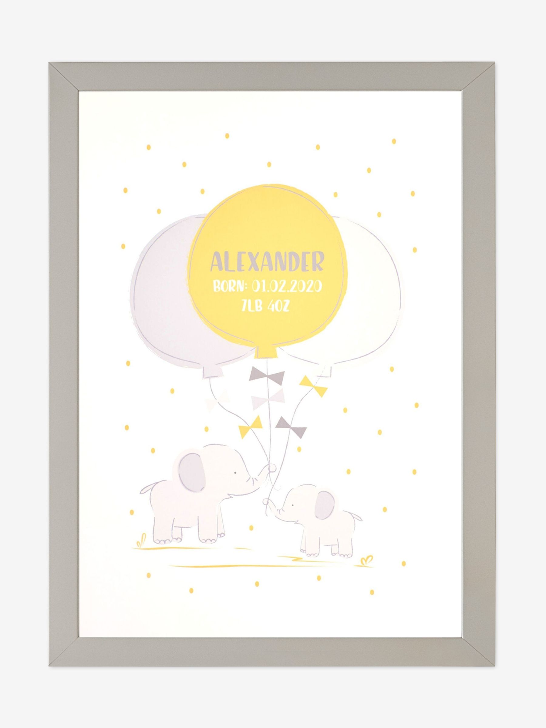 Grey Personalised & Framed Baby Elephant Print - Image 1 of 1