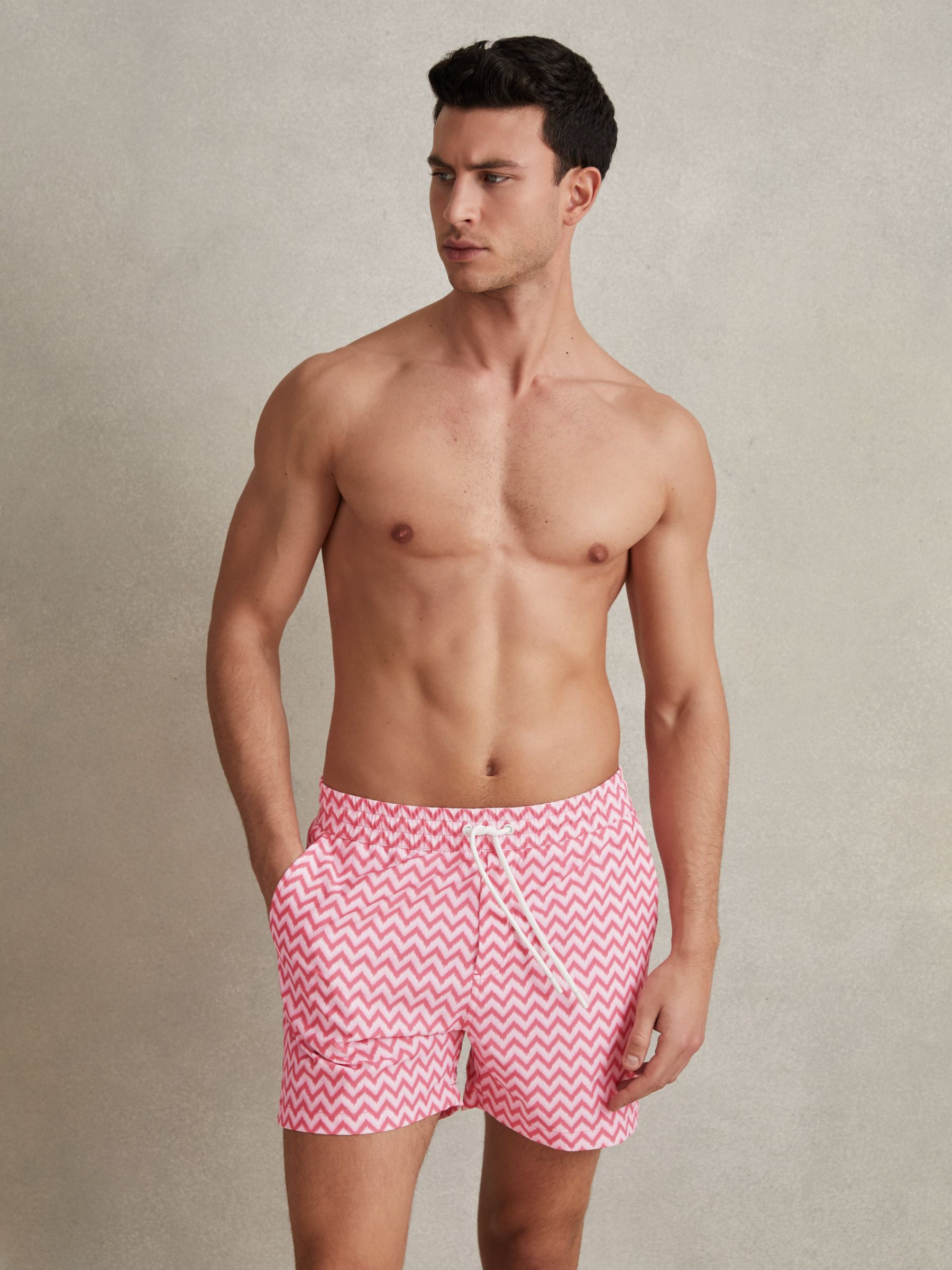 Zig-Zag Print Drawstring Swim Shorts in Bright Pink - Image 6 of 7