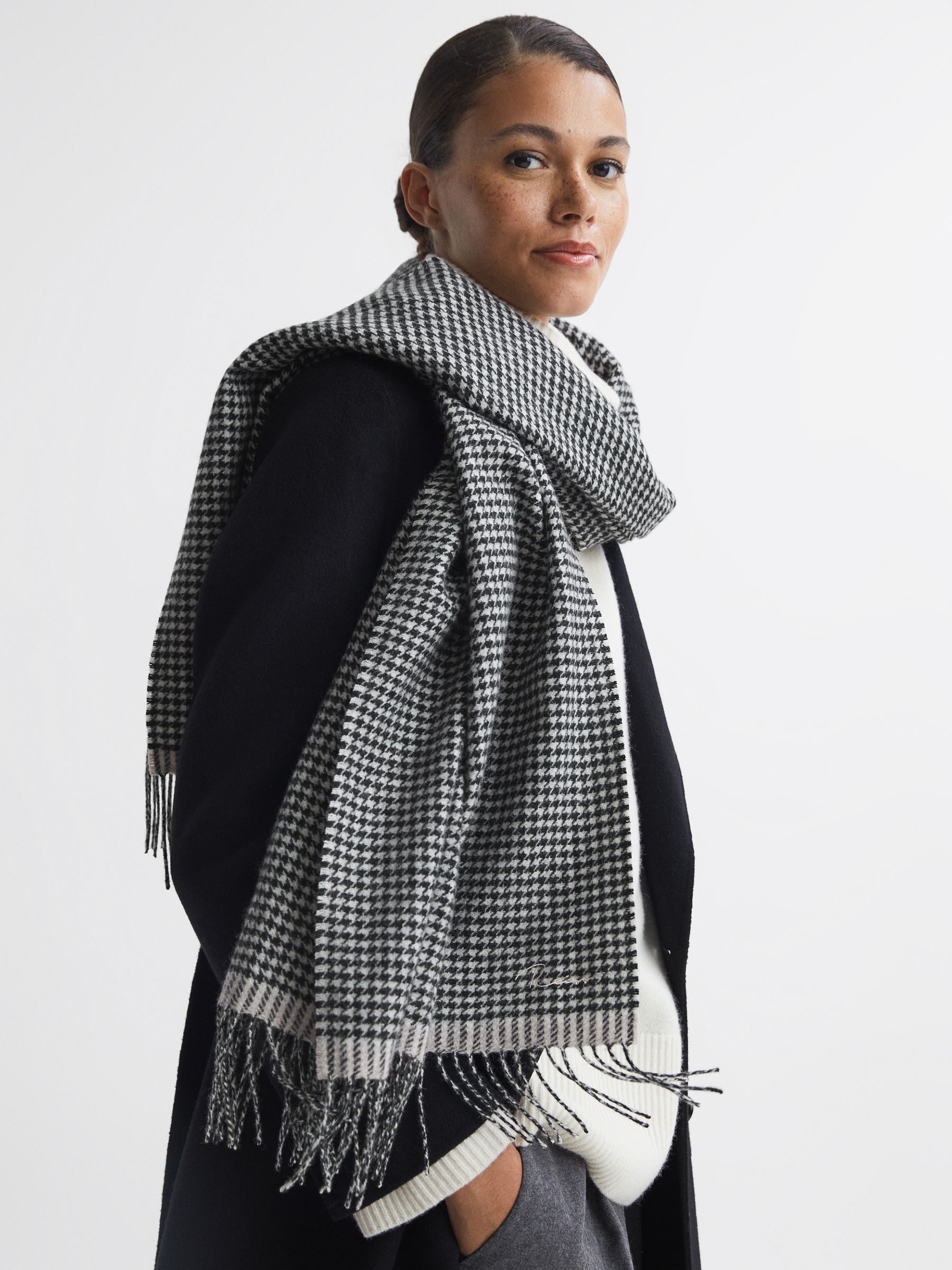 Wool Blend Dogtooth Embroidered Scarf in Black/White - Image 2 of 5