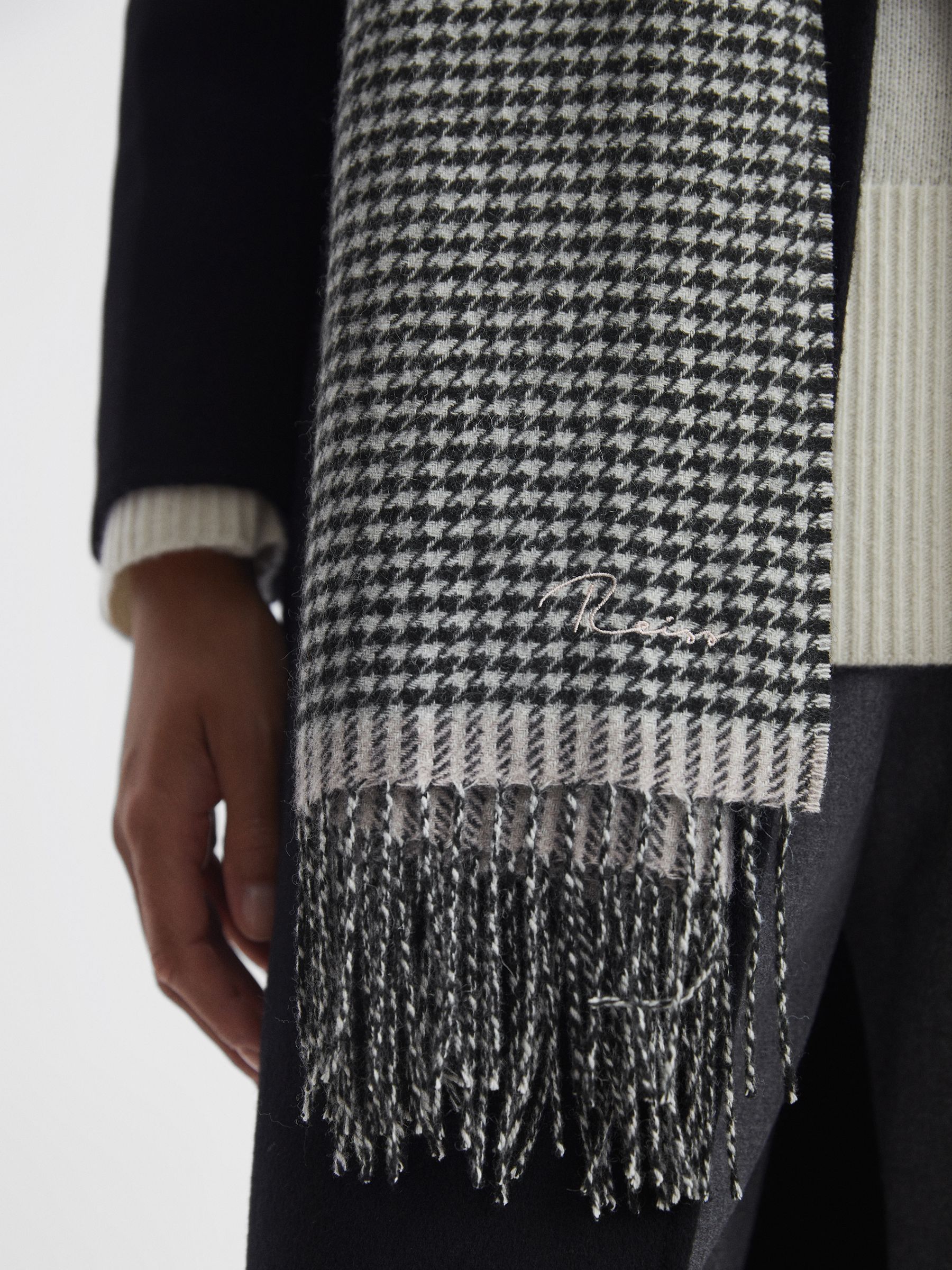 Wool Blend Dogtooth Embroidered Scarf in Black/White - Image 3 of 5