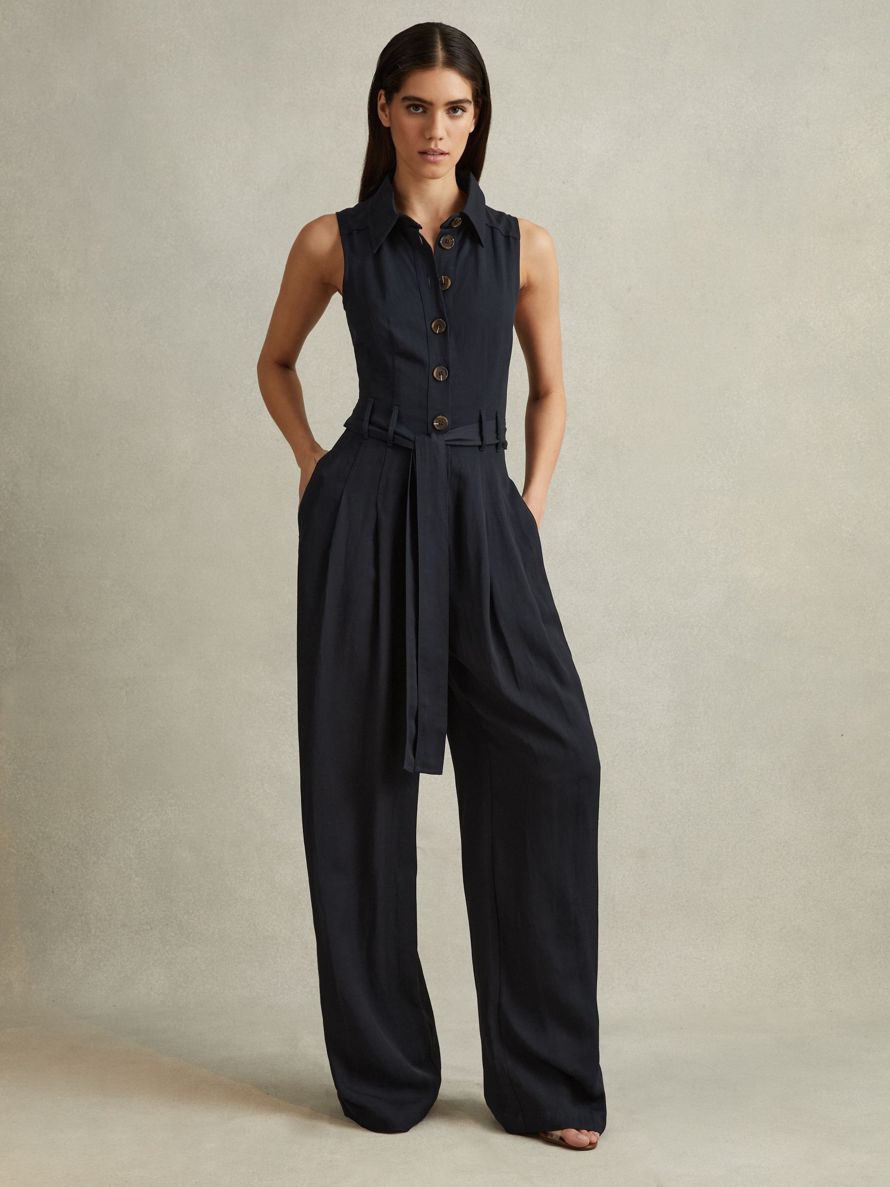 Petite Belted Wide Leg Jumpsuit in Navy - Image 3 of 6