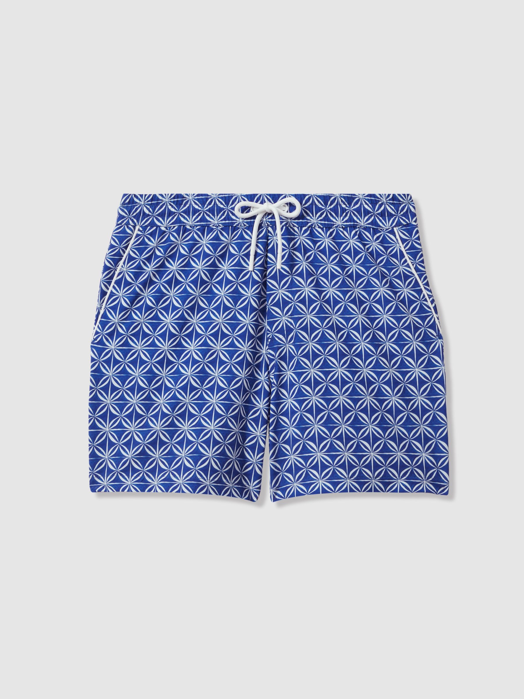 Geometric Print Drawstring Swim Shorts in Bright Blue/White - Image 2 of 6 Geometric Print Drawstring Swim Shorts in Bright Blue/White - Image 2 of 6