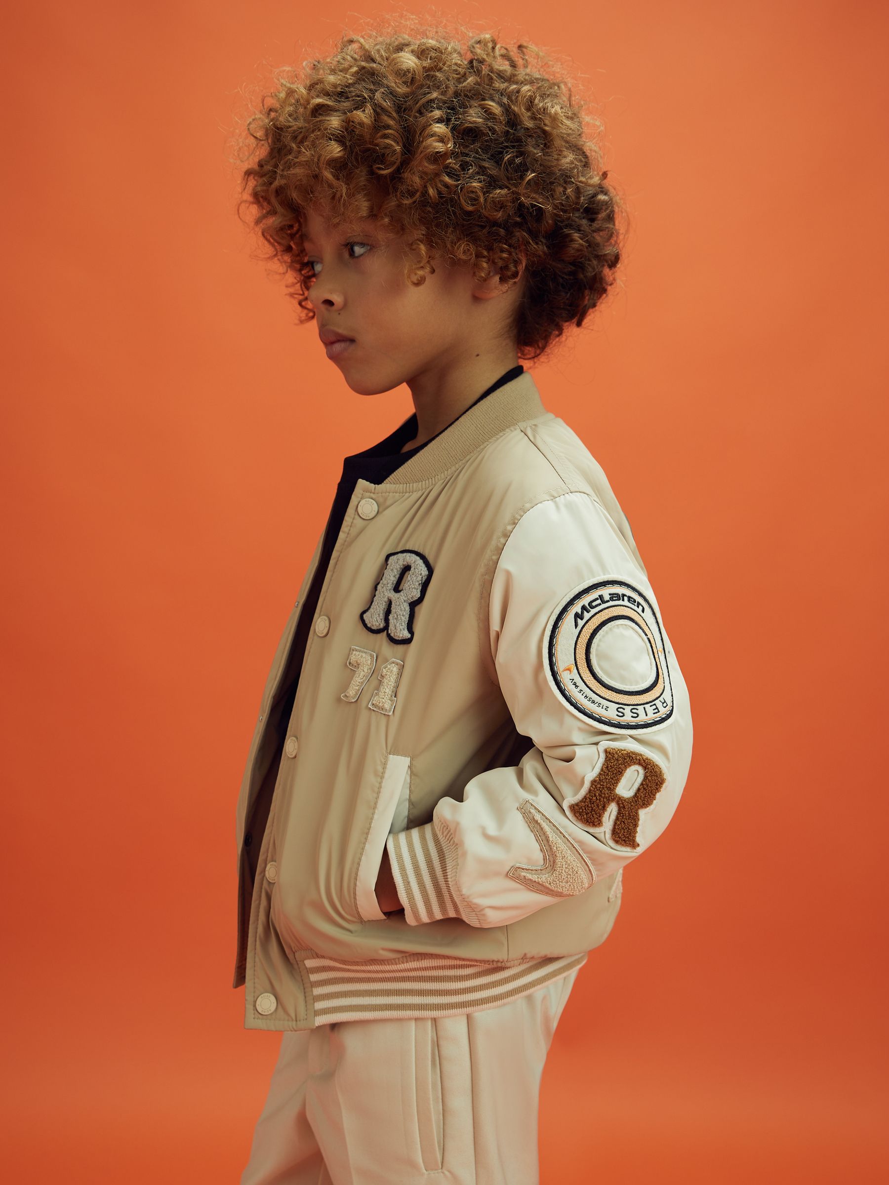 Teen McLaren F1 Patch Varsity Bomber Jacket in Taupe/Ecru - Image 8 of 12