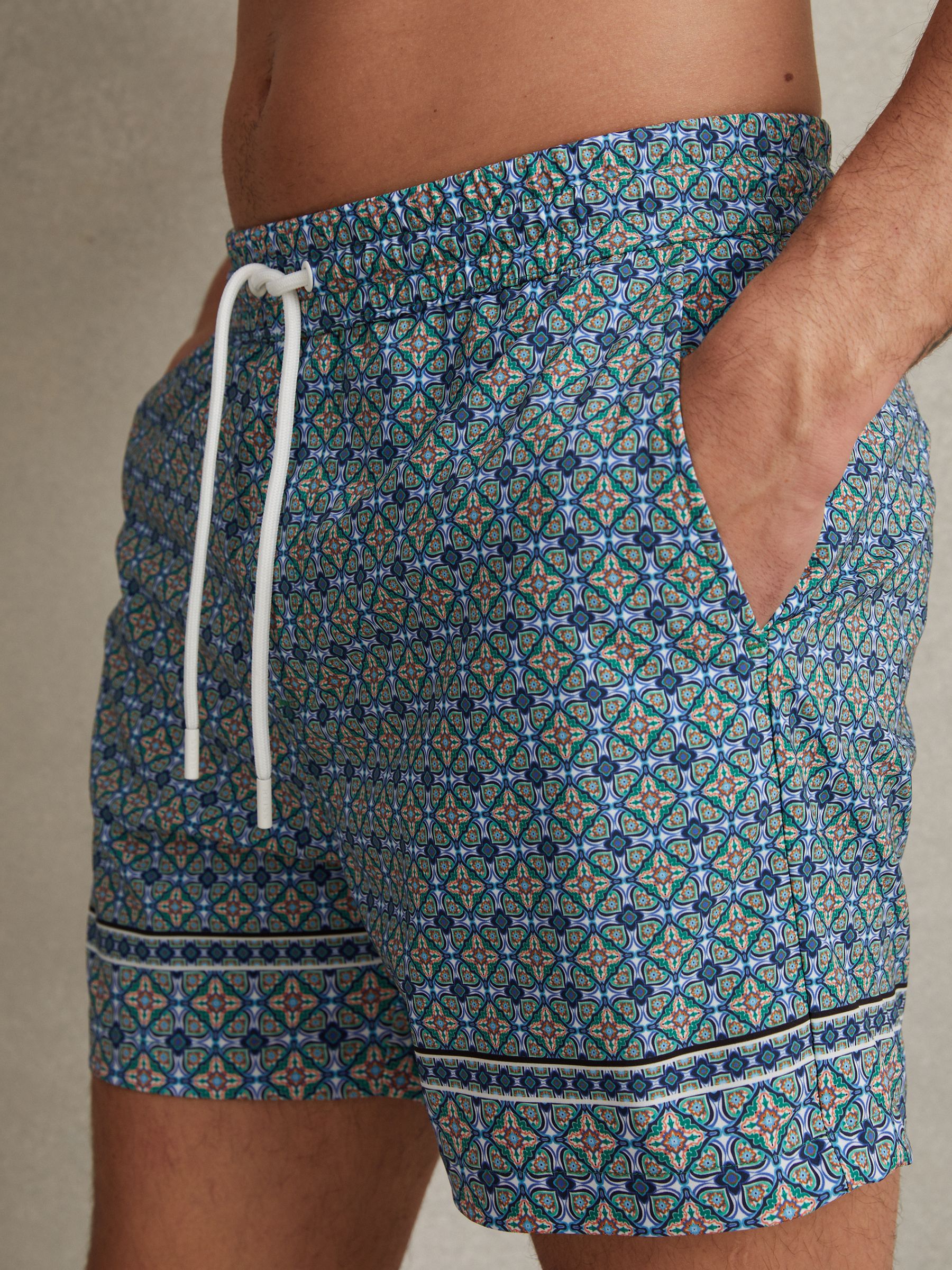 Tile Print Drawstring Swim Shorts in Multi - Image 4 of 6