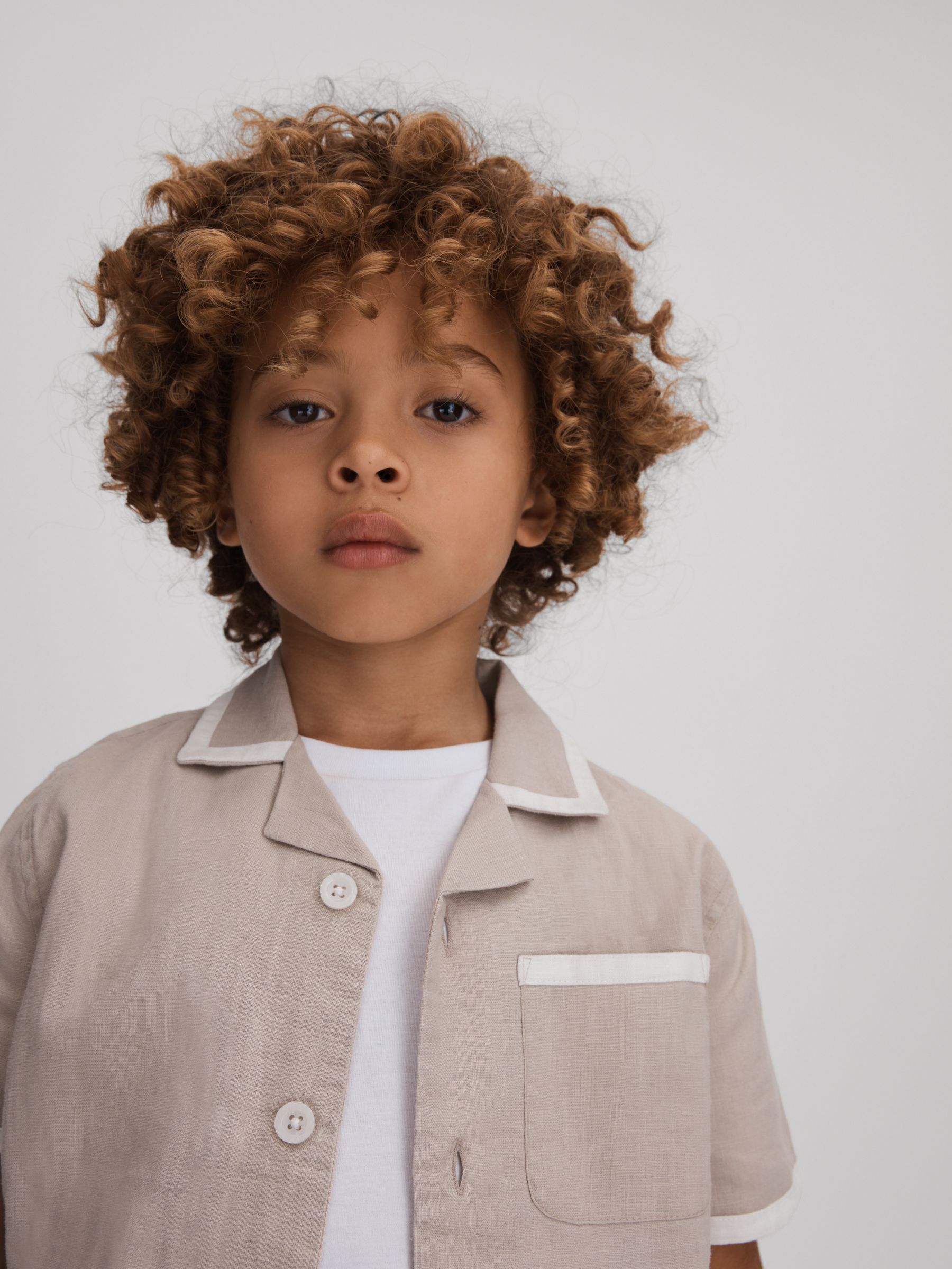 13-14 yrs Linen Contrast Cuban Collar Shirt in Stone/White - Image 2 of 4