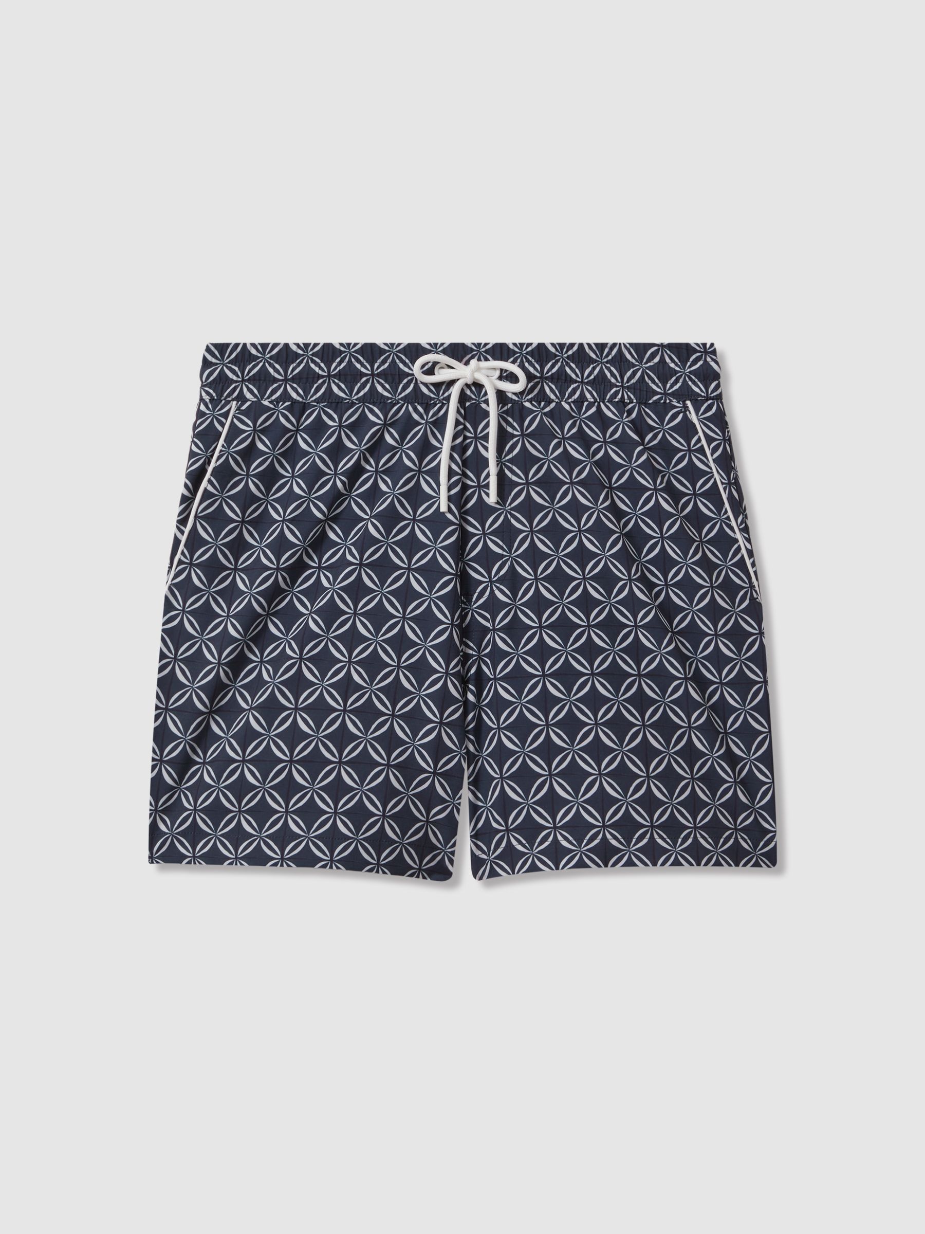 Geometric Print Drawstring Swim Shorts in Navy/White - Image 2 of 6