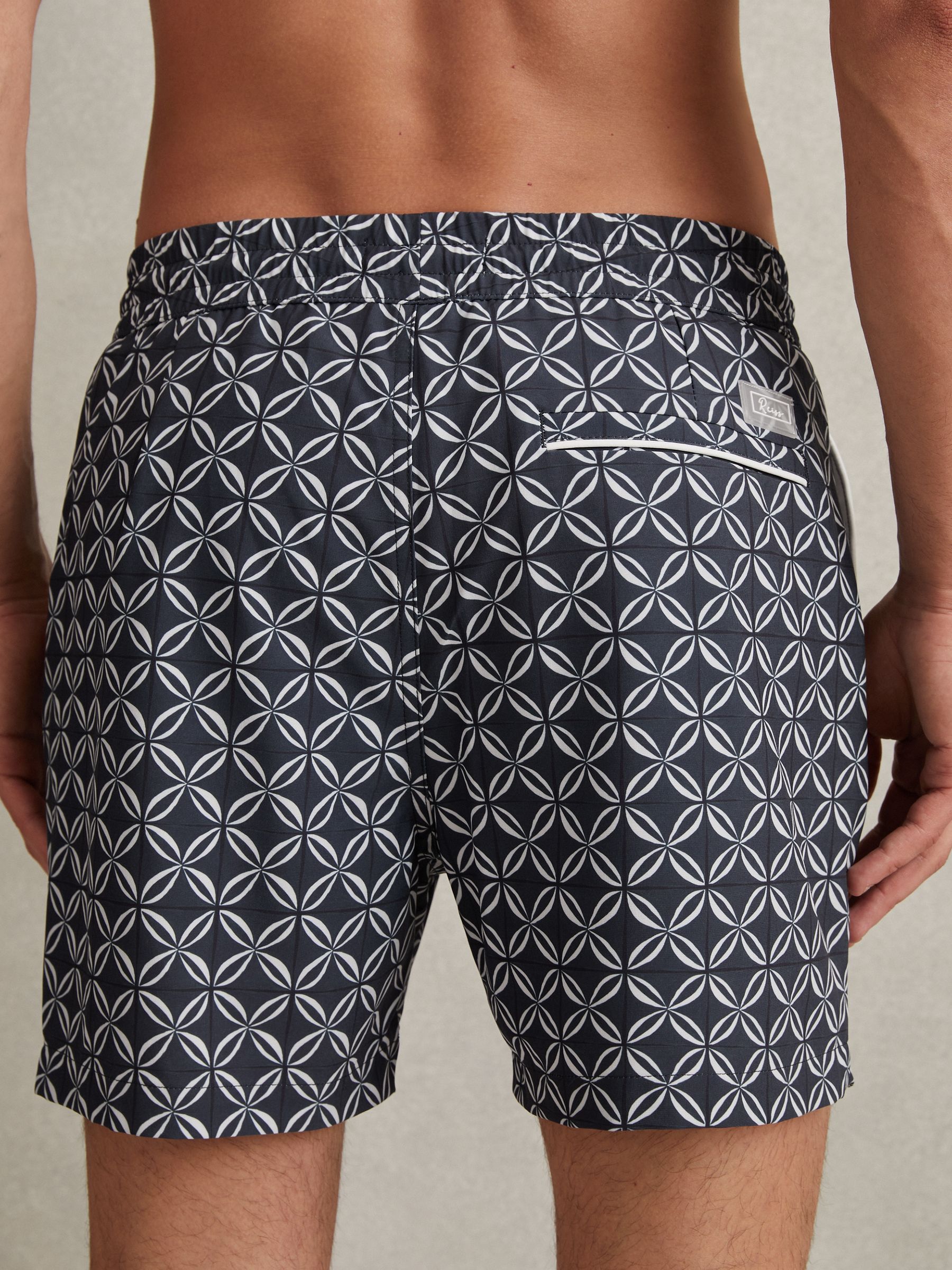 Geometric Print Drawstring Swim Shorts in Navy/White - Image 5 of 6