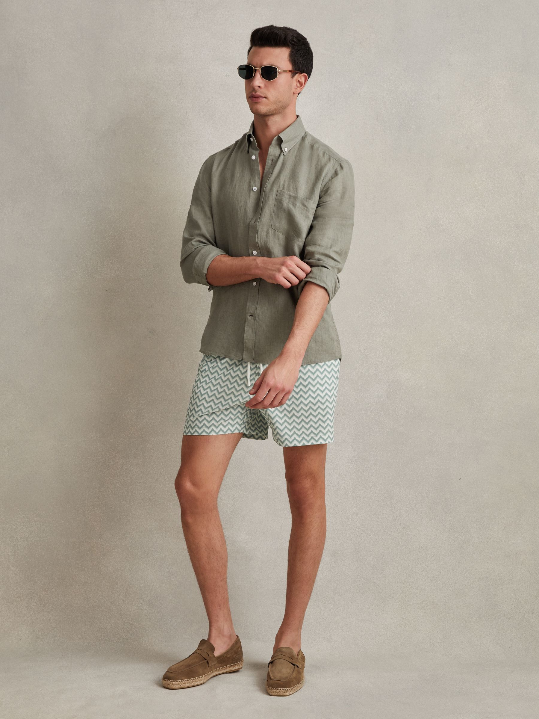 Zig-Zag Print Drawstring Swim Shorts in Sage - Image 3 of 6