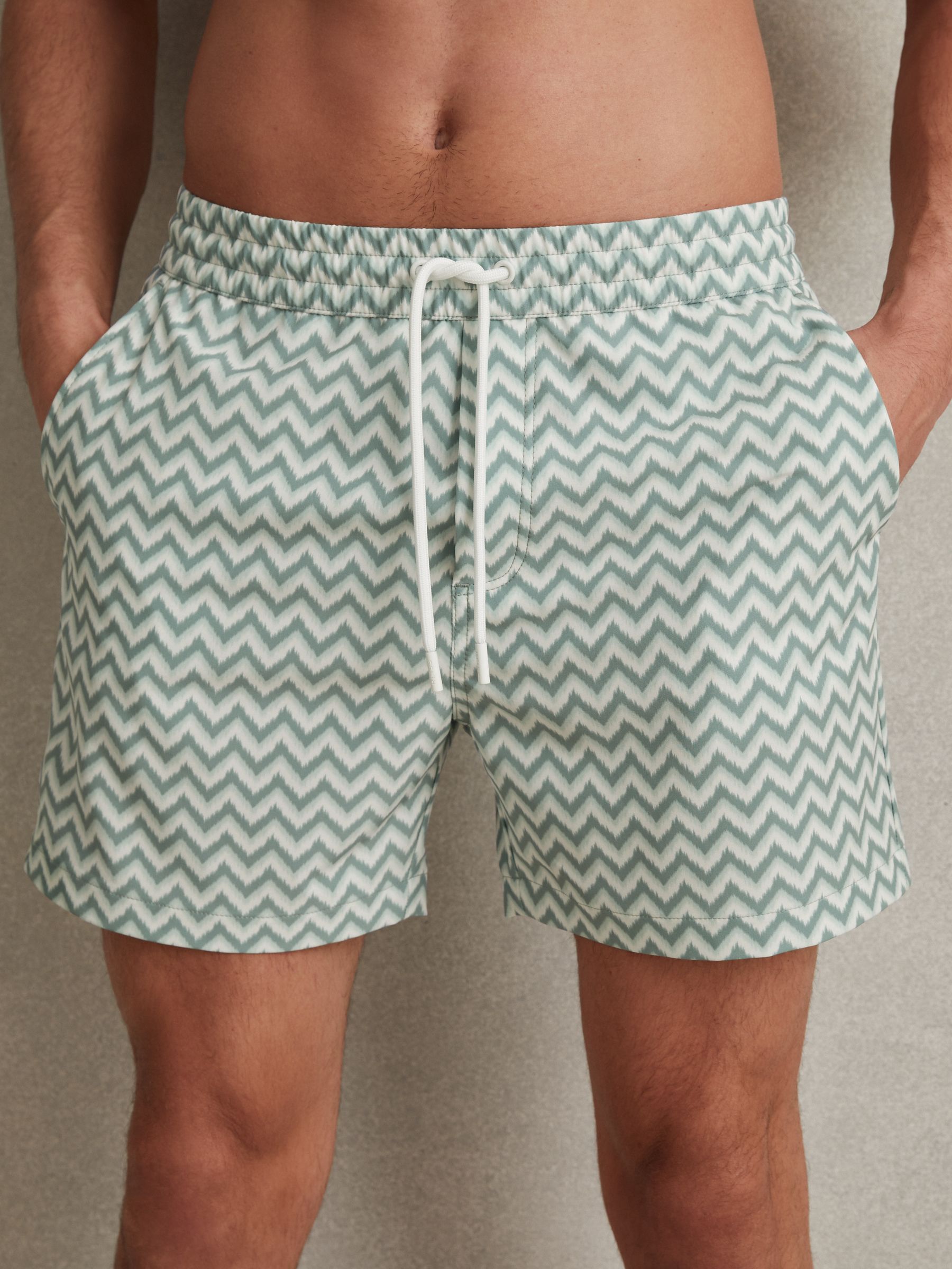 Zig-Zag Print Drawstring Swim Shorts in Sage - Image 4 of 6