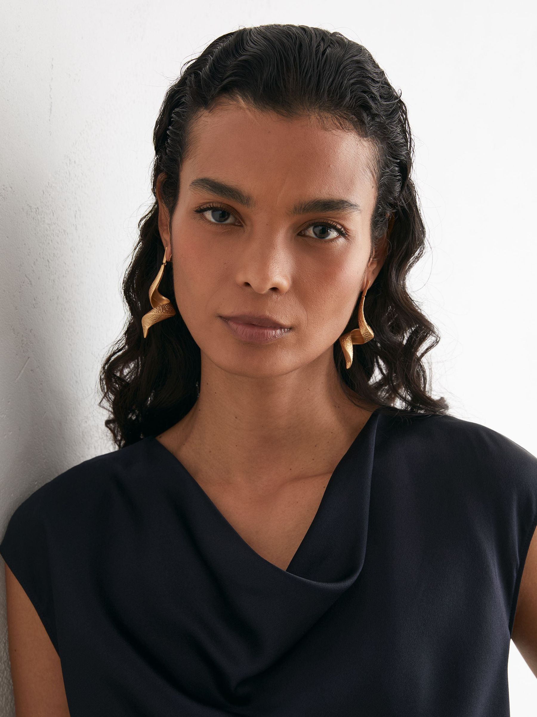 Silk Cowl-Neck Sleeveless Top in Navy - Image 1 of 6