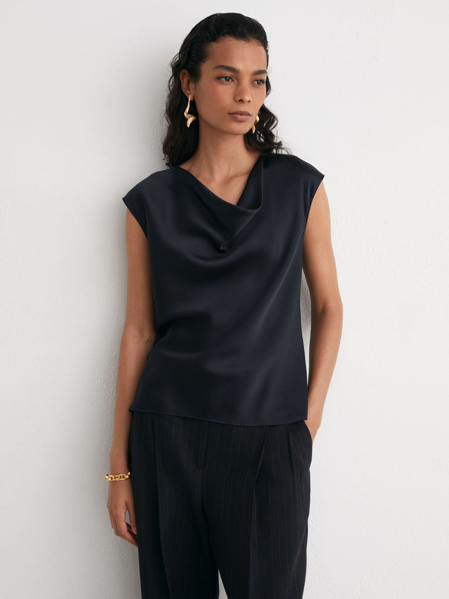 Silk Cowl-Neck Sleeveless Top in Navy - Image 3 of 6
