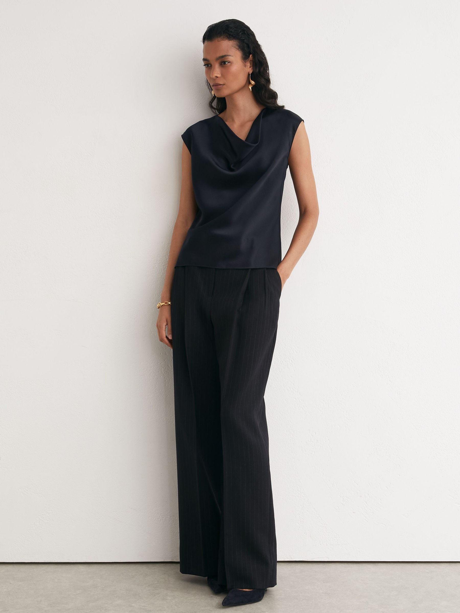 Silk Cowl-Neck Sleeveless Top in Navy - Image 4 of 6