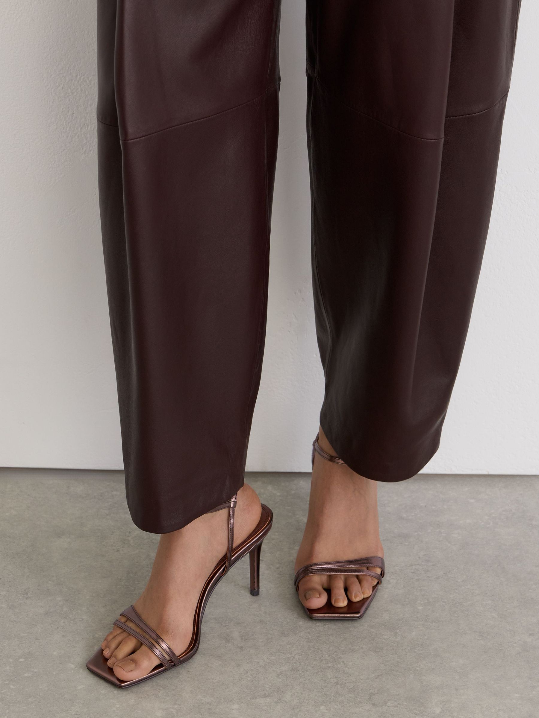 Leather Metallic Strappy Heeled Sandals in Chocolate - Image 1 of 6