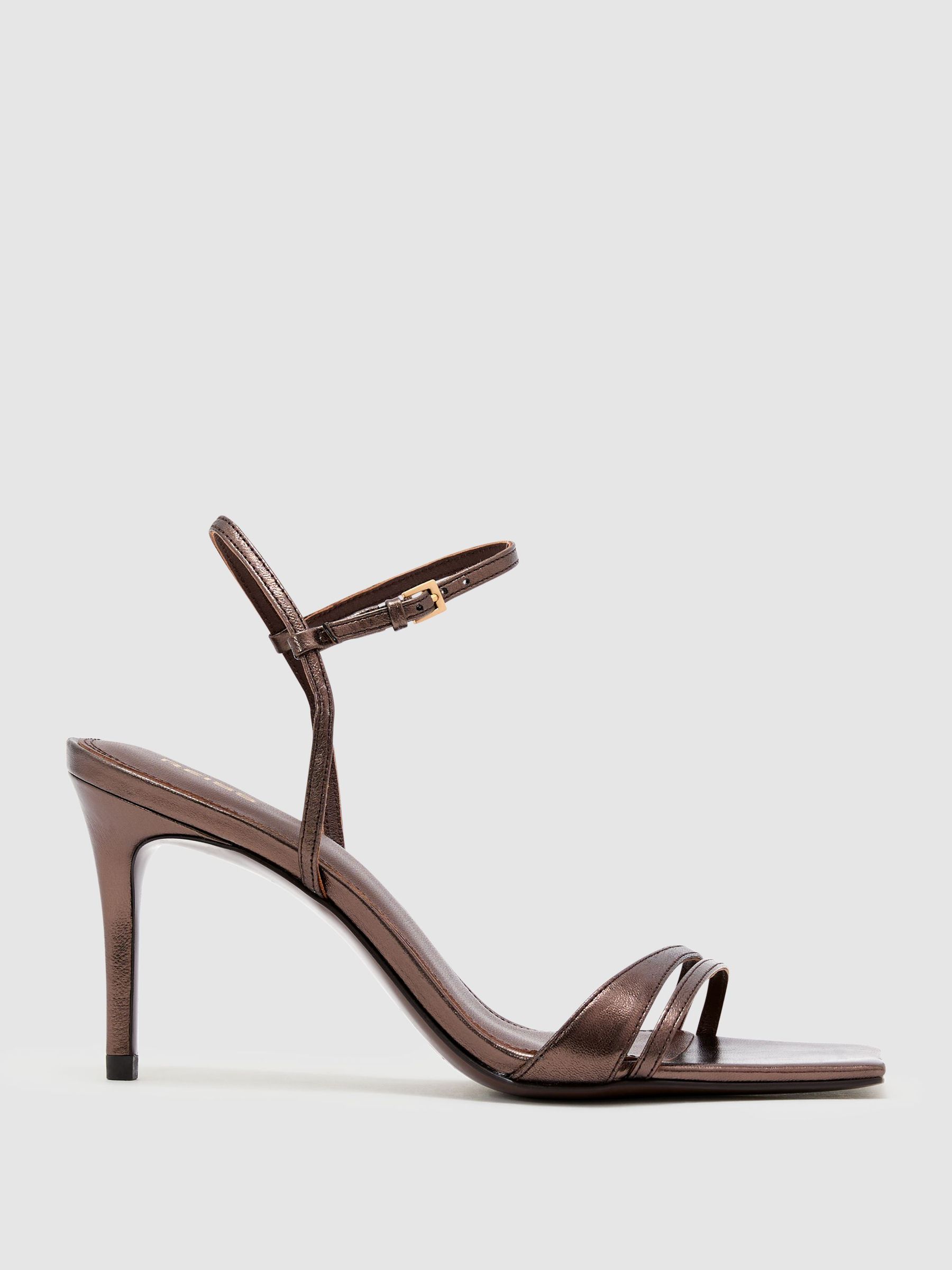 Leather Metallic Strappy Heeled Sandals in Chocolate - Image 2 of 6