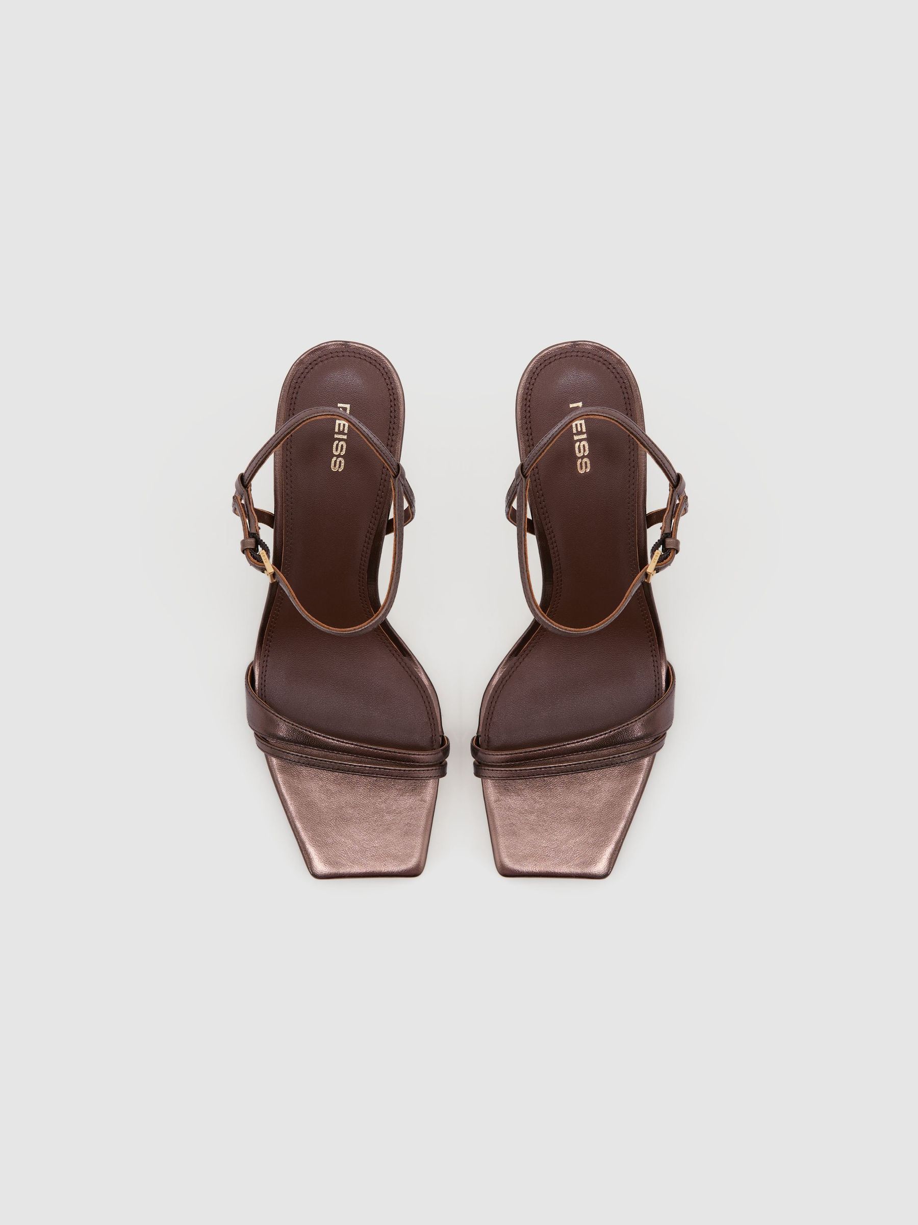 Leather Metallic Strappy Heeled Sandals in Chocolate - Image 3 of 6