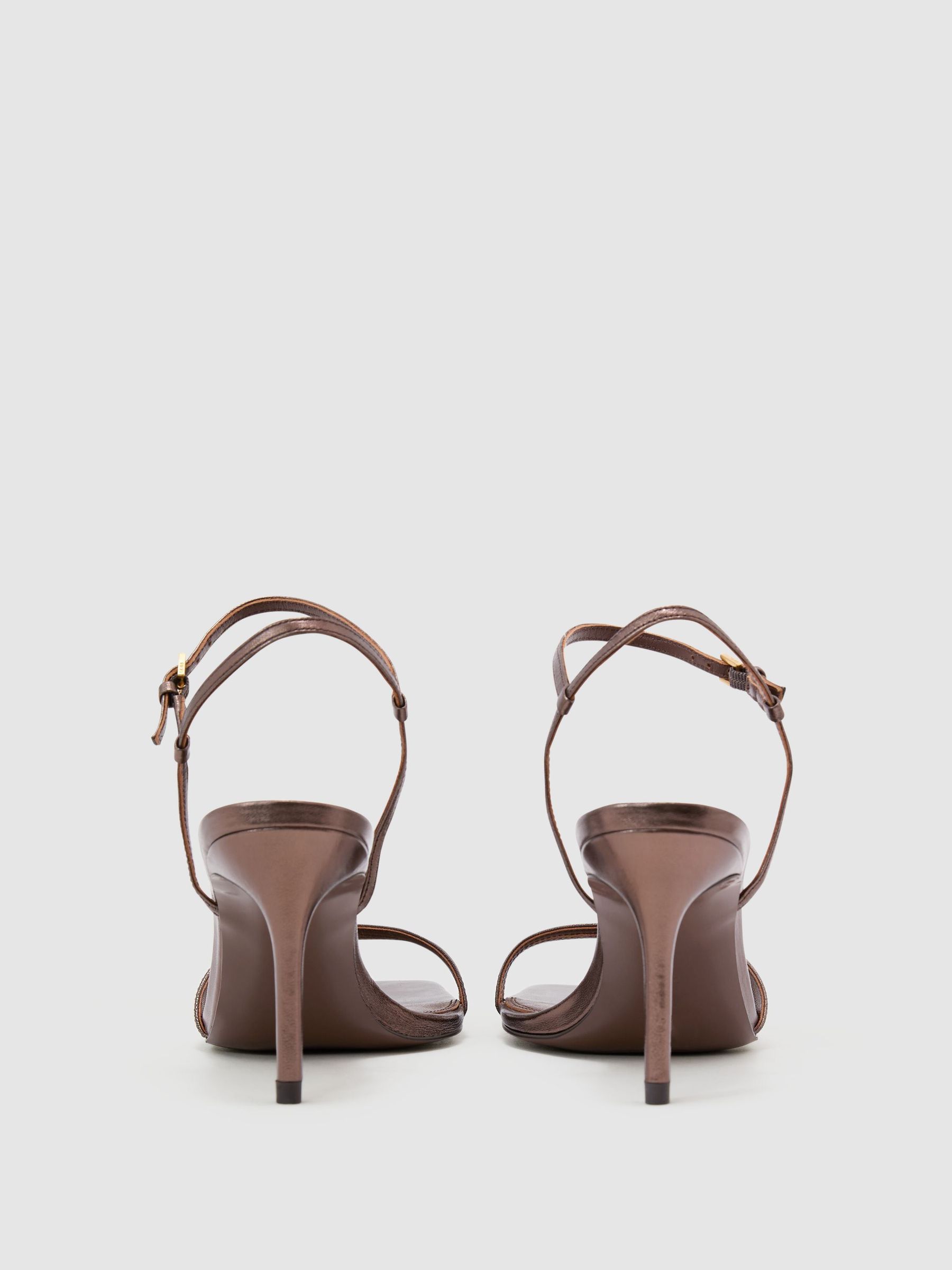 Leather Metallic Strappy Heeled Sandals in Chocolate - Image 5 of 6