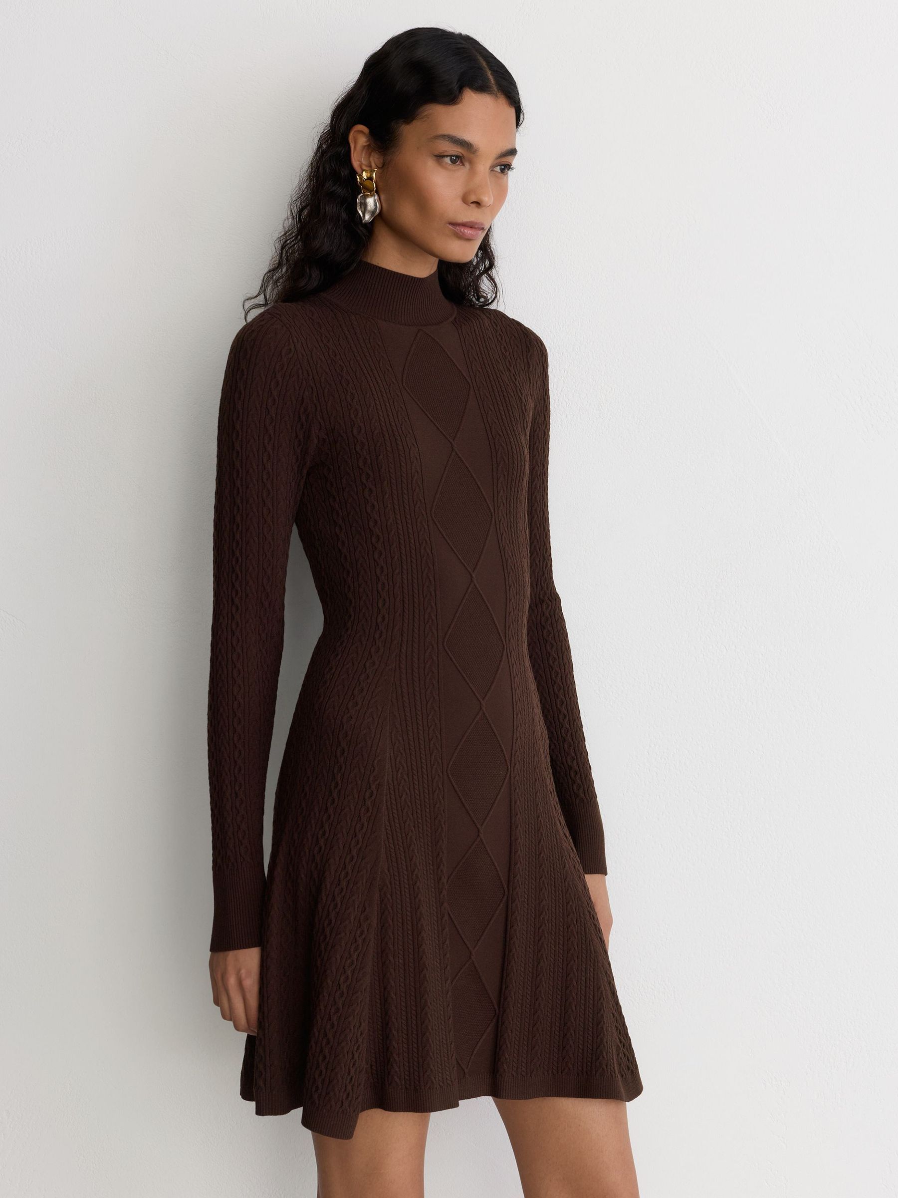 Cable-Knit Flippy Mini Dress in Chocolate Brown - Image 1 of 6