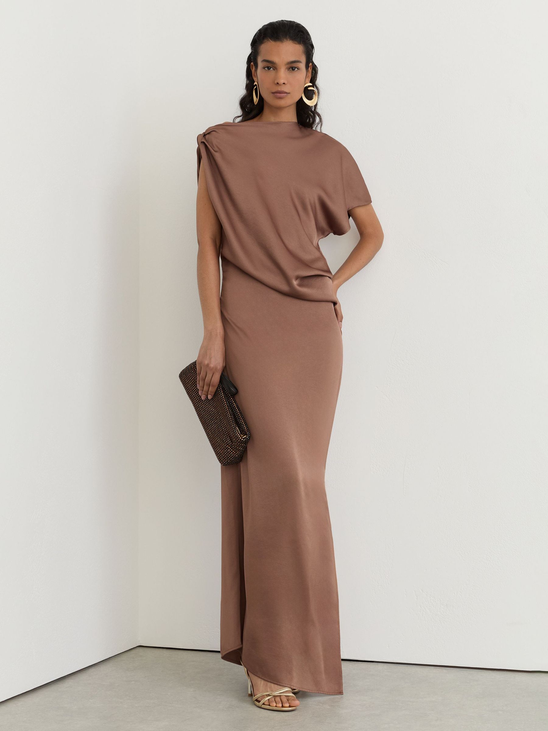 Petite Satin Asymmetric Draped Maxi Dress in Taupe Brown - Image 1 of 8