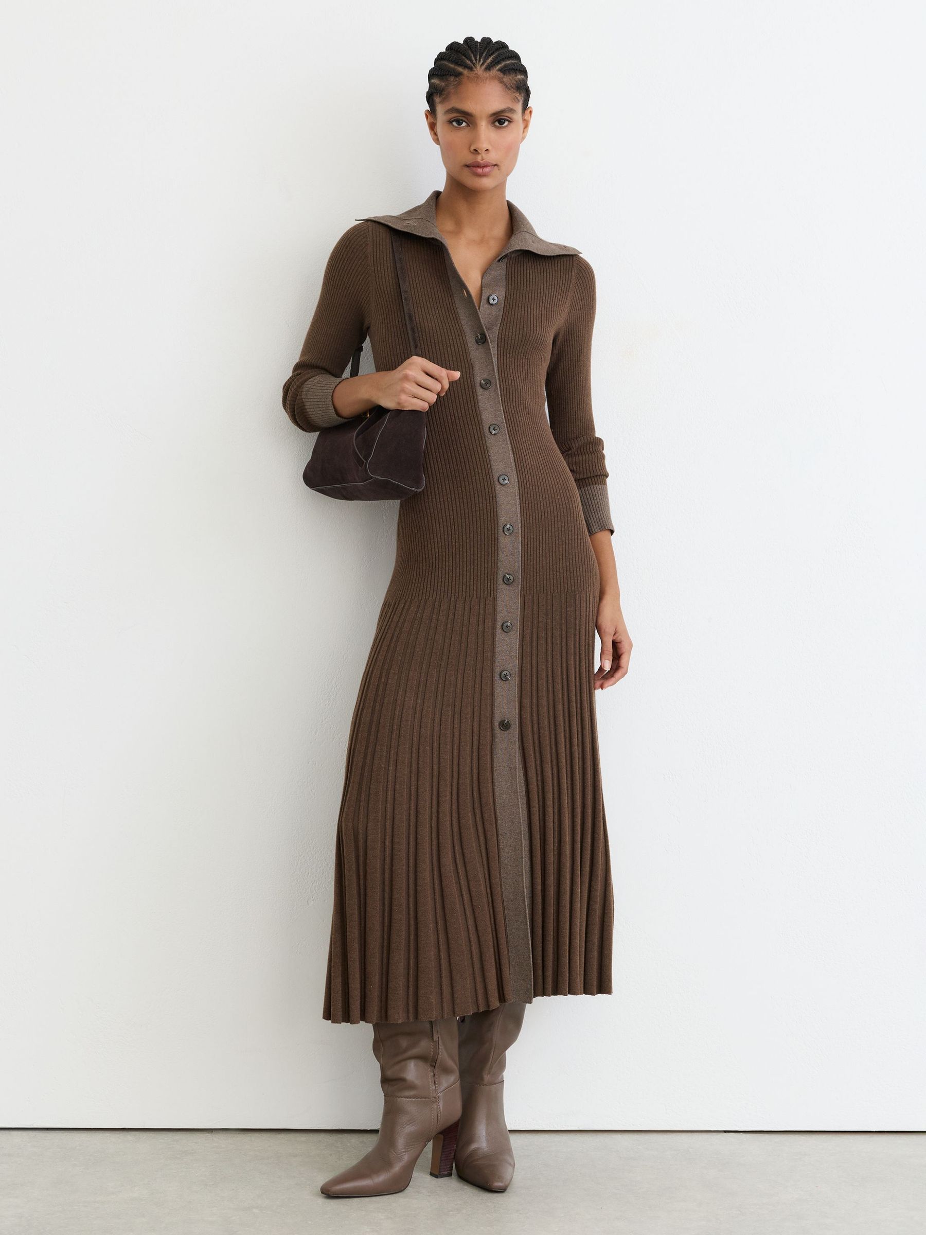 Pleated Knit Collared Midi Dress in Mocha Brown - Image 1 of 7