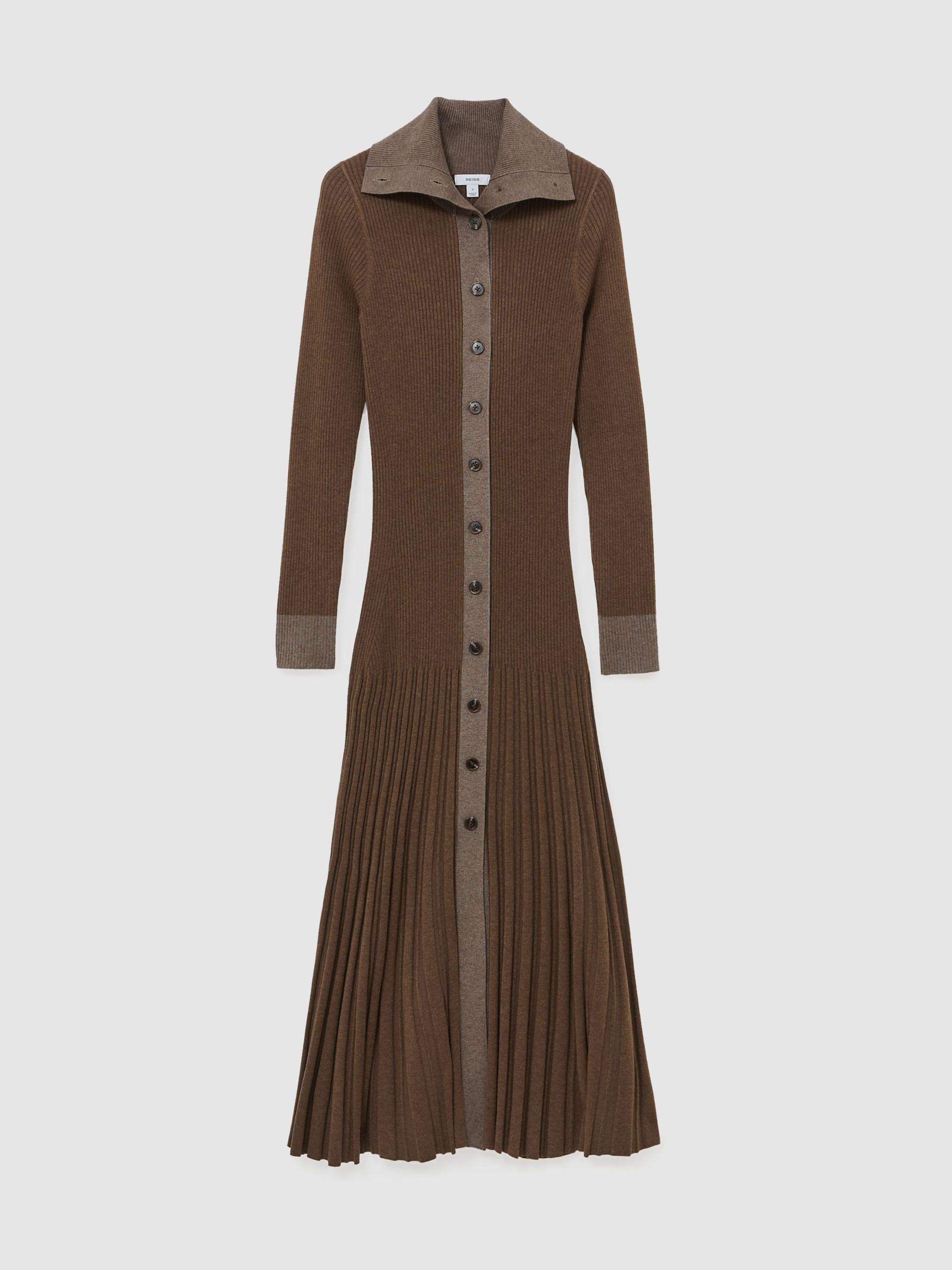 Pleated Knit Collared Midi Dress in Mocha Brown - Image 2 of 7 Pleated Knit Collared Midi Dress in Mocha Brown - Image 2 of 7