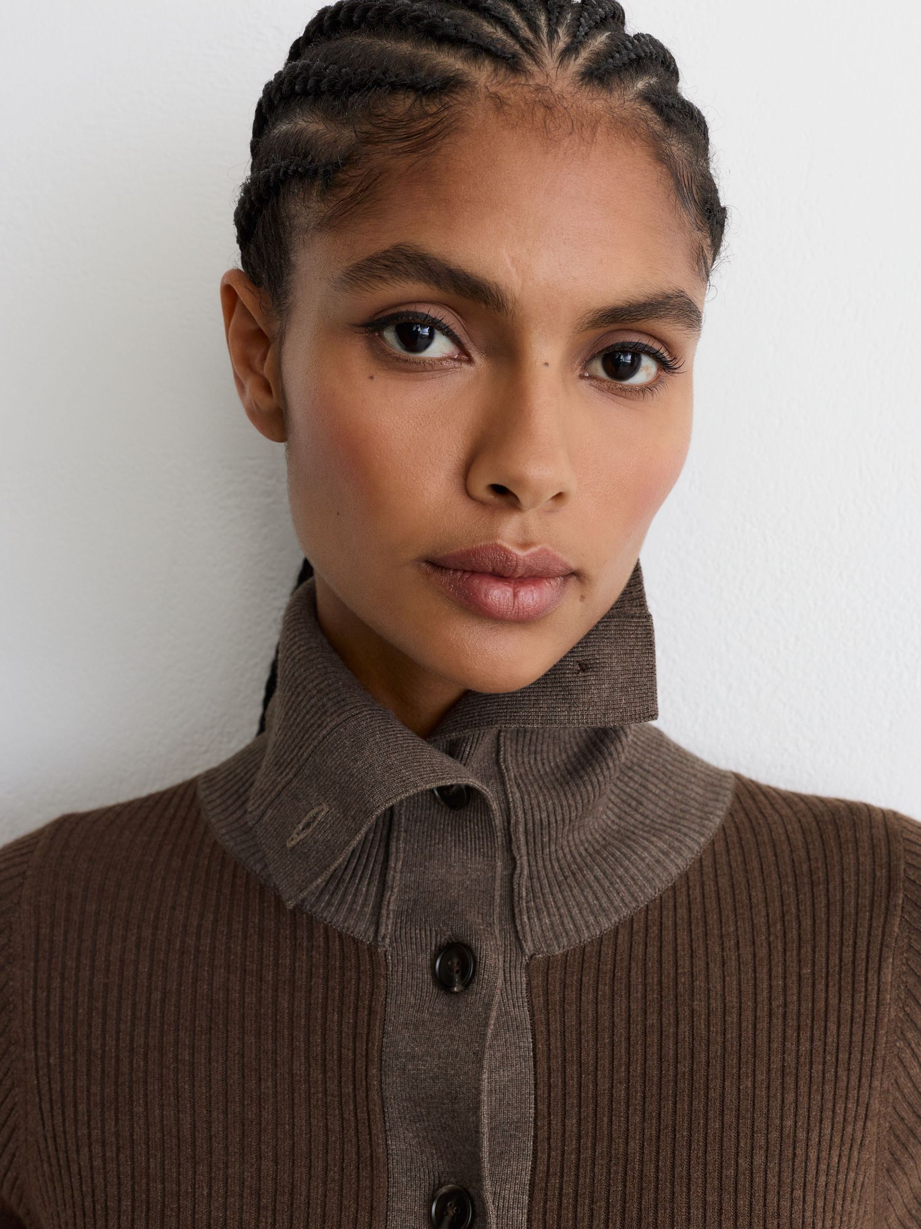 Pleated Knit Collared Midi Dress in Mocha Brown - Image 3 of 7