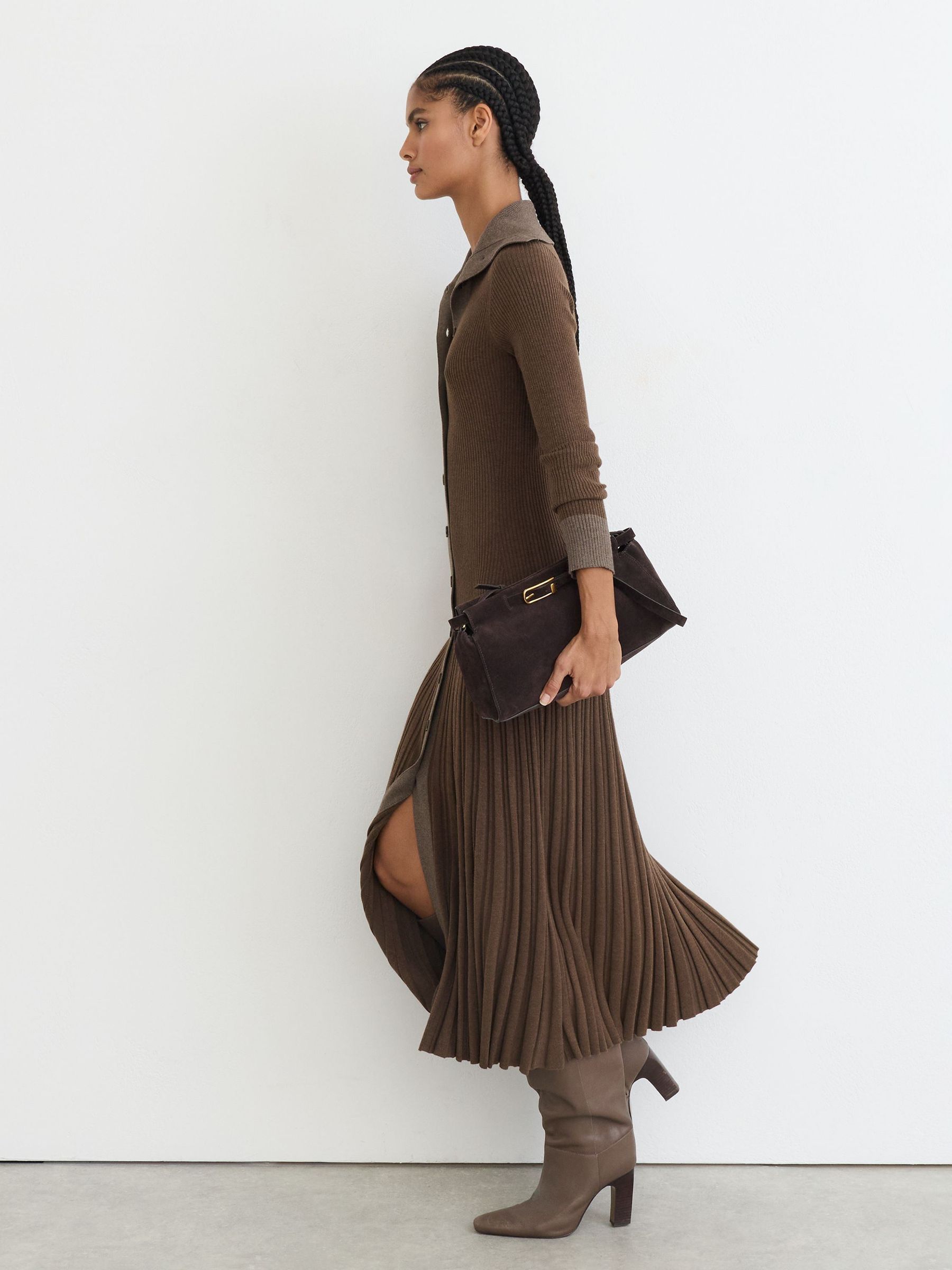 Pleated Knit Collared Midi Dress in Mocha Brown - Image 4 of 7
