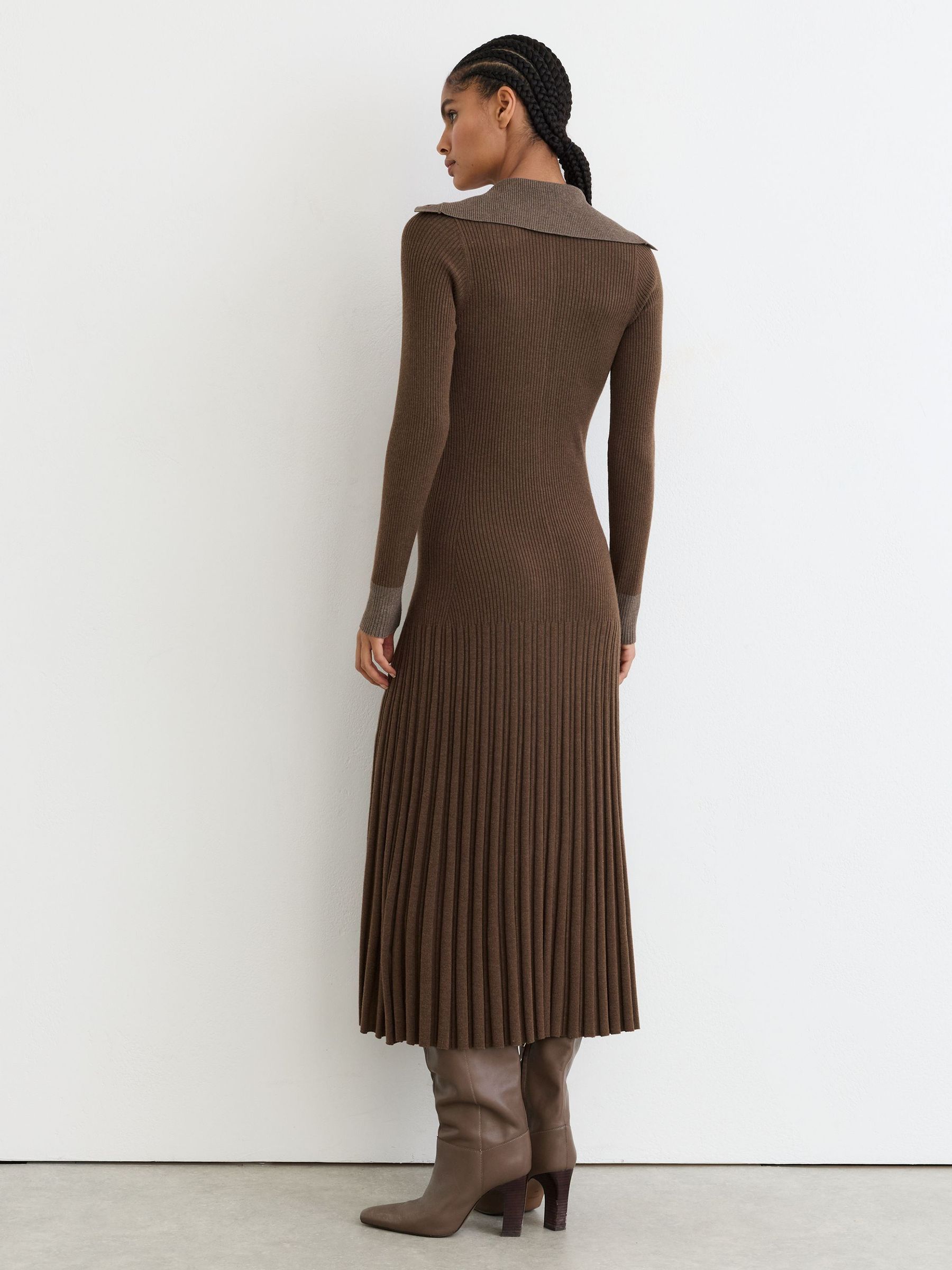 Pleated Knit Collared Midi Dress in Mocha Brown - Image 5 of 7