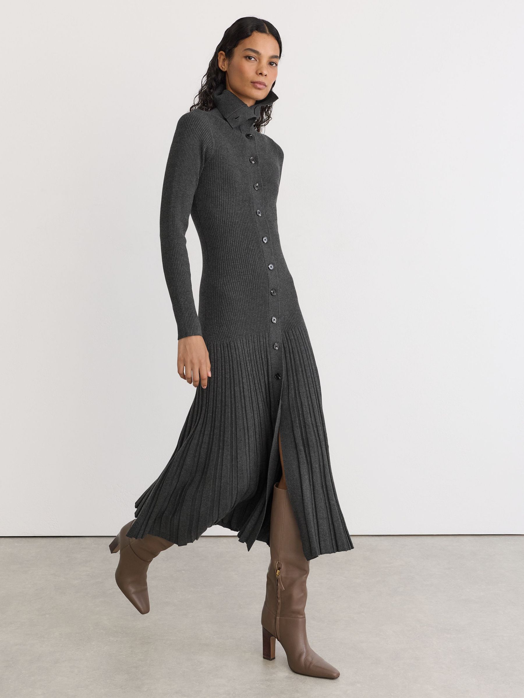 Pleated Knit Collared Midi Dress in Grey by Reiss