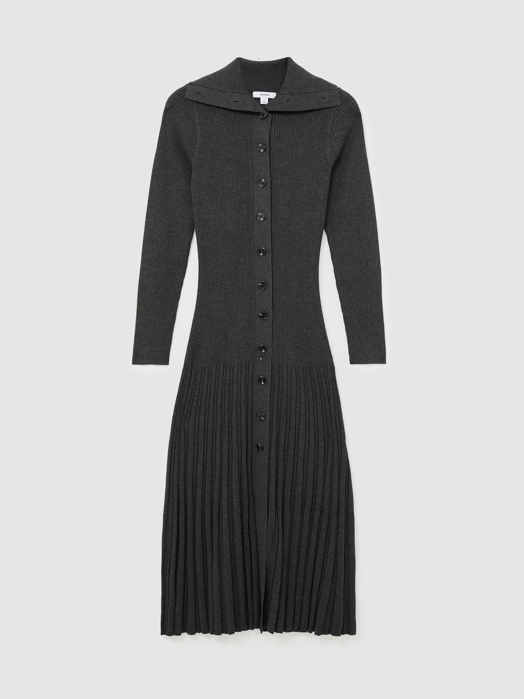 Pleated Knit Collared Midi Dress in Grey - Image 2 of 7 Pleated Knit Collared Midi Dress in Grey - Image 2 of 7