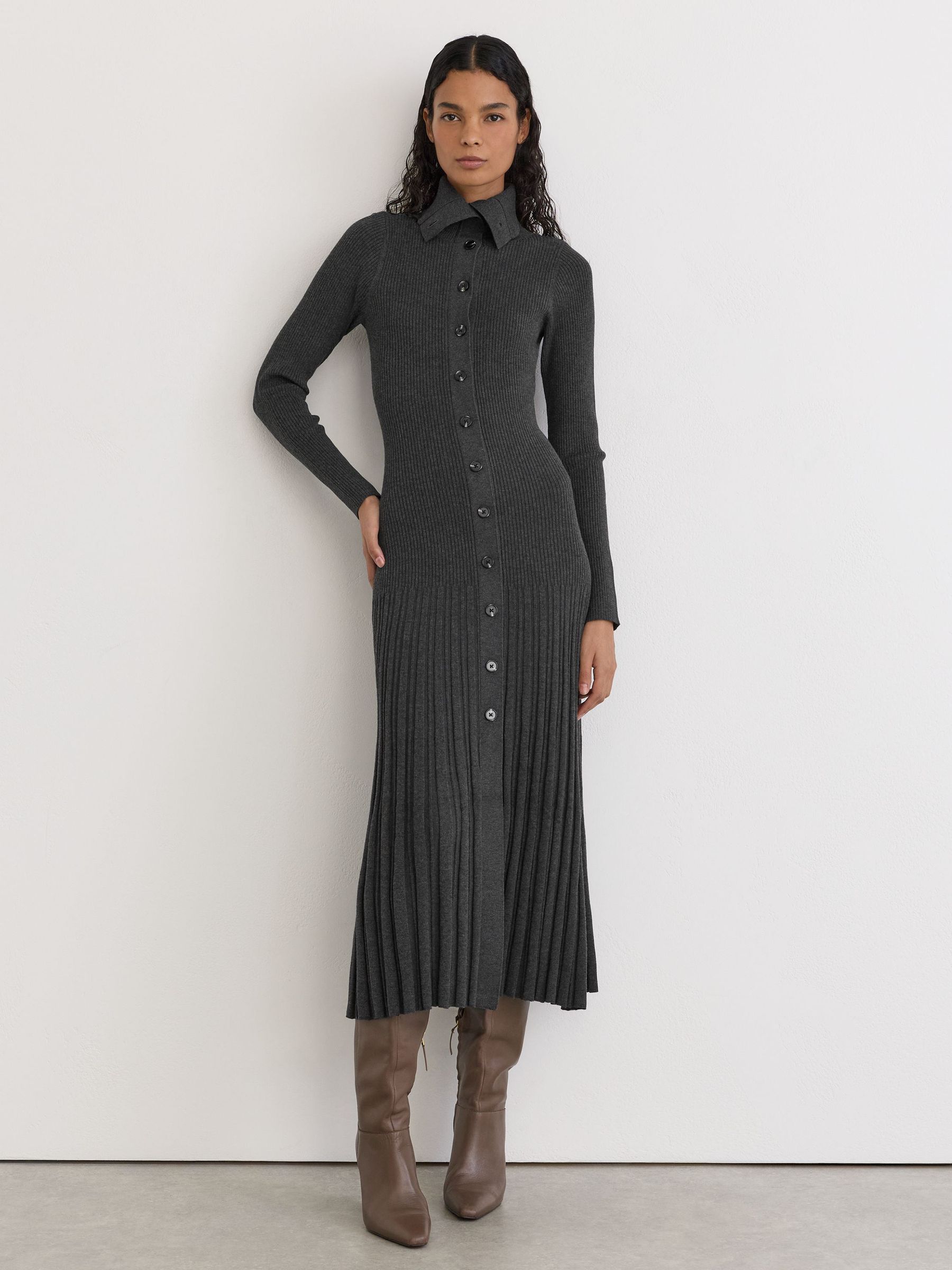 Pleated Knit Collared Midi Dress in Grey - Image 4 of 7