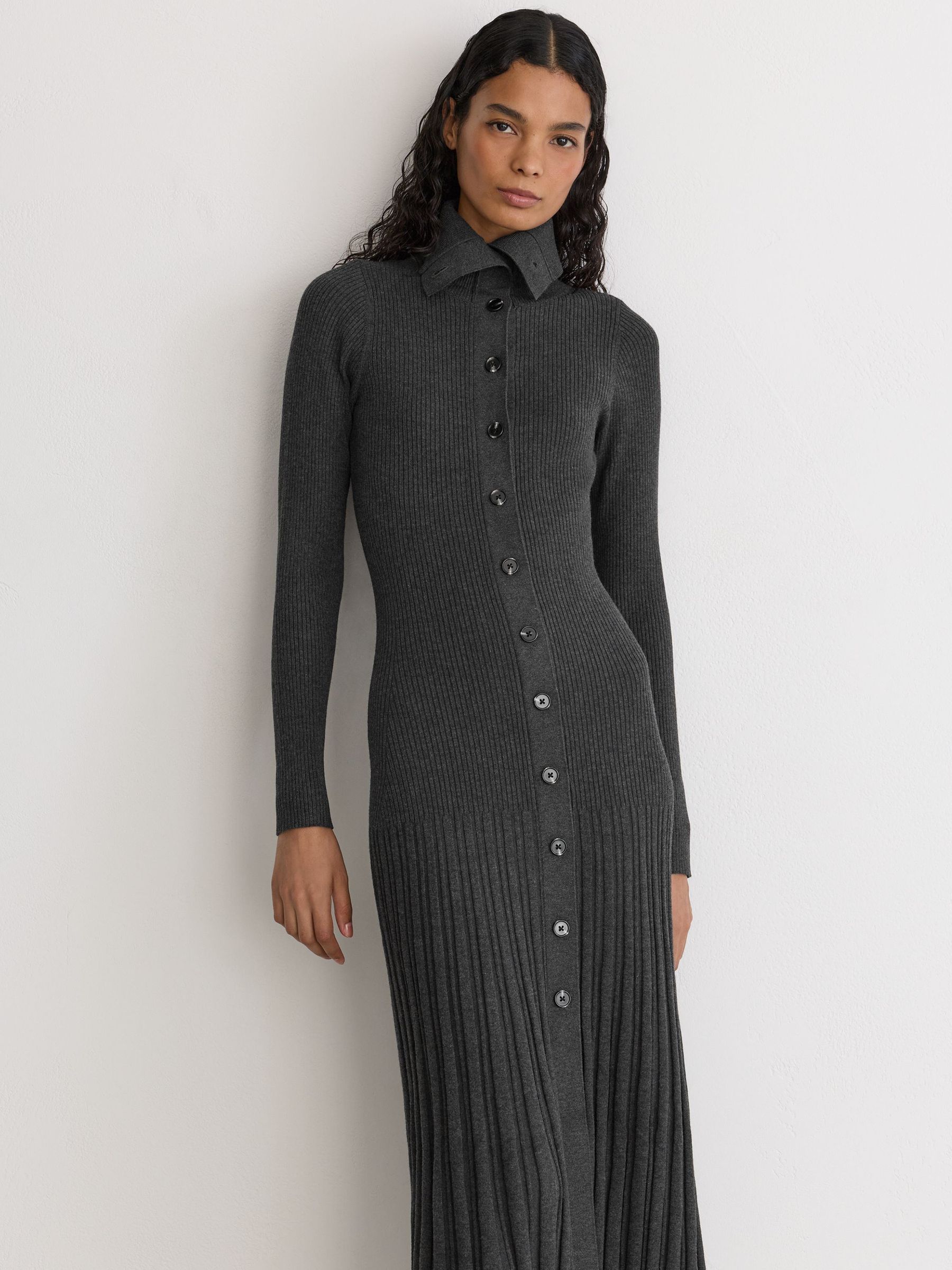 Pleated Knit Collared Midi Dress in Grey - Image 5 of 7