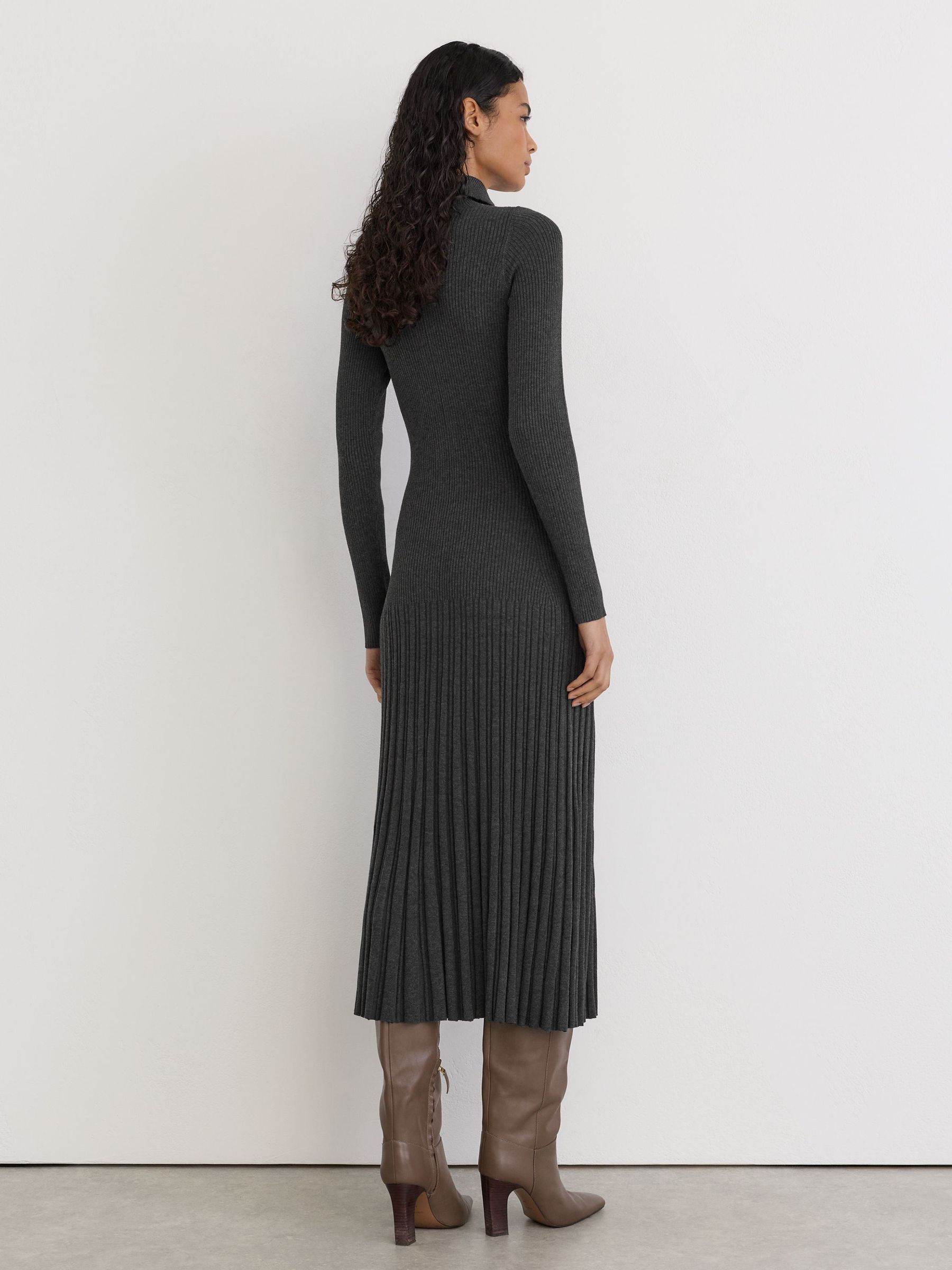 Pleated Knit Collared Midi Dress in Grey - Image 6 of 7