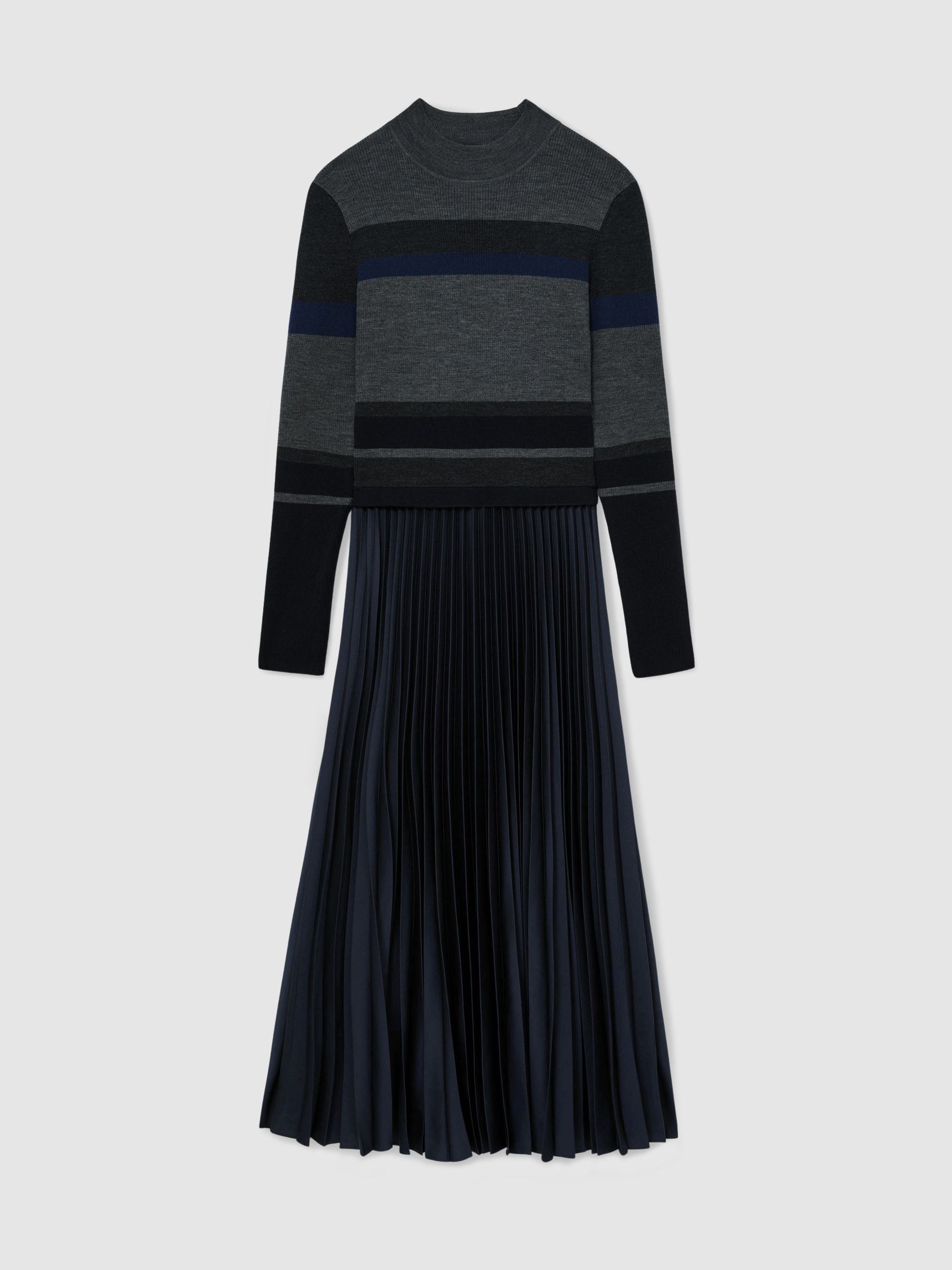 Striped Knit Mix Pleated Midi Dress in Grey - Image 2 of 6
