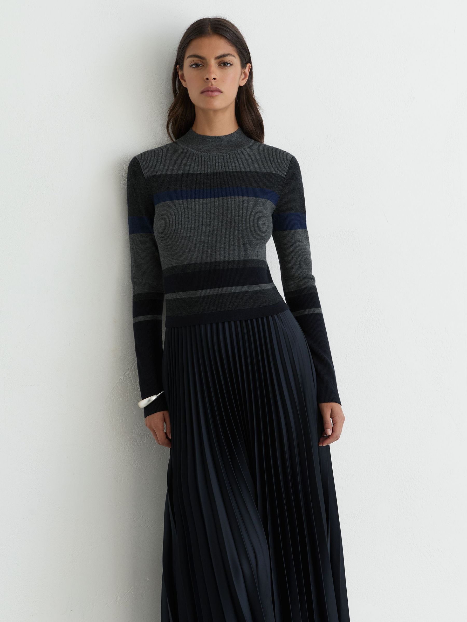 Striped Knit Mix Pleated Midi Dress in Grey - Image 4 of 6