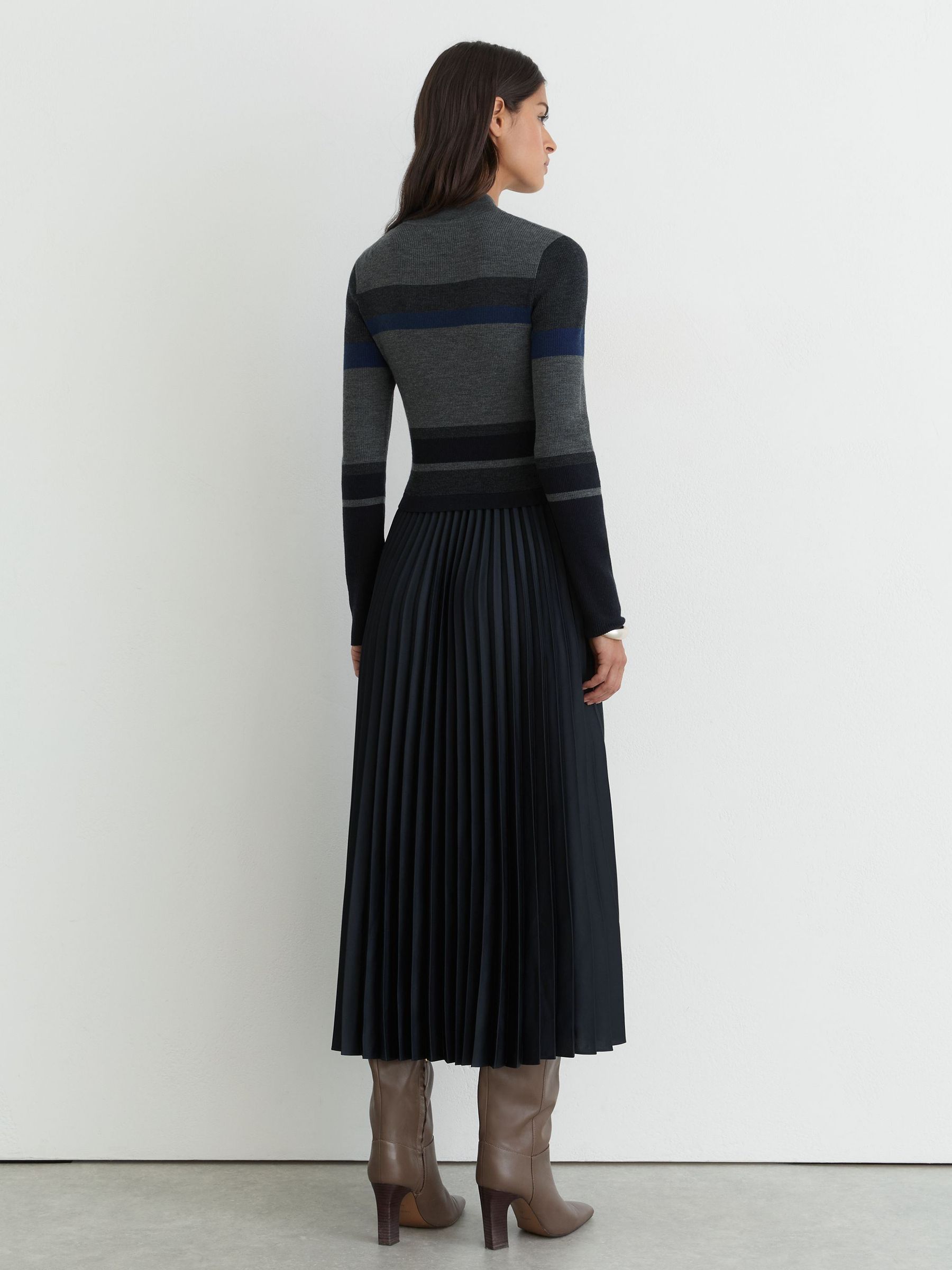 Striped Knit Mix Pleated Midi Dress in Grey - Image 5 of 6