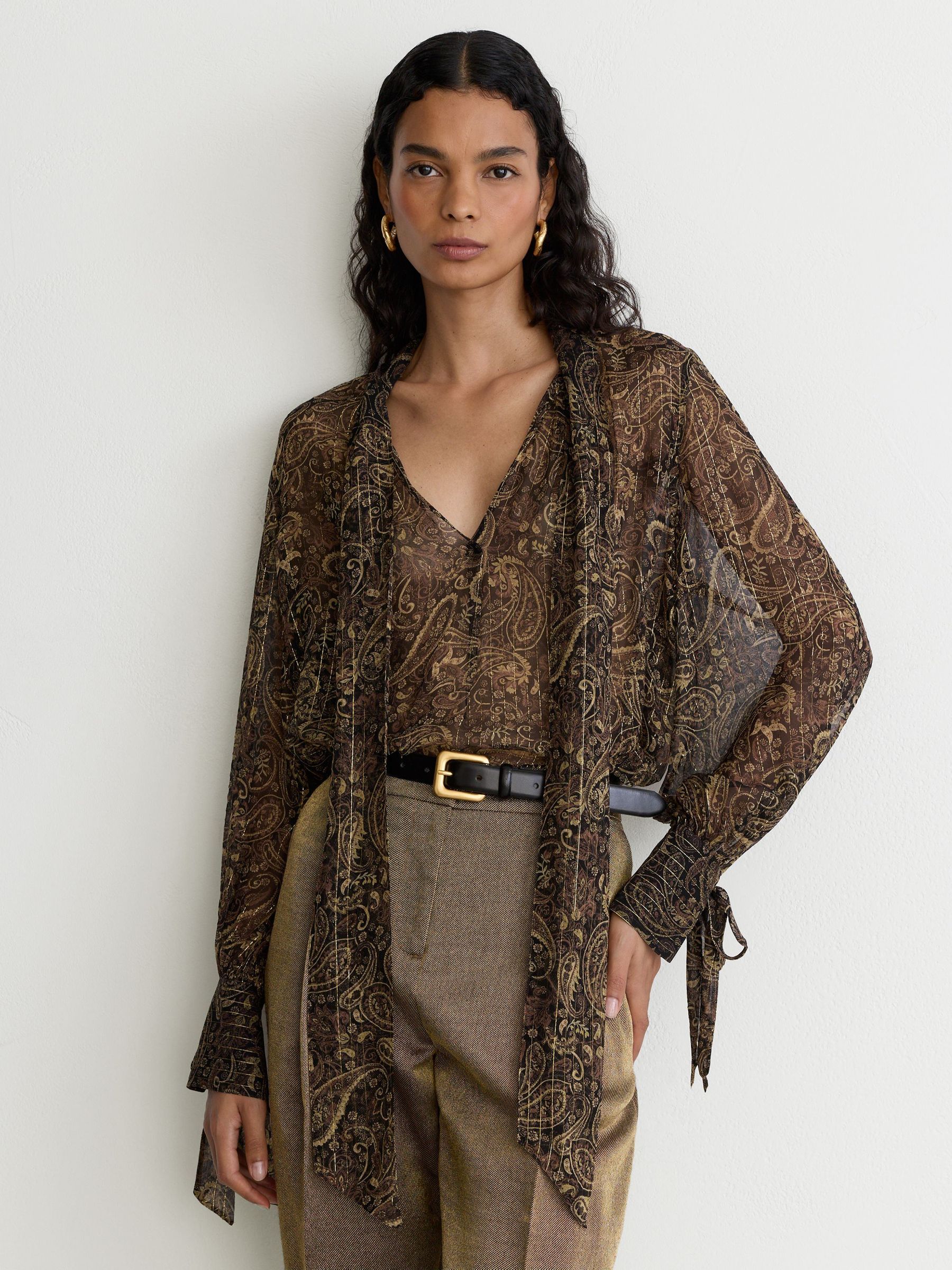 Silk-Georgette Paisley Tie-Neck Blouse in Black/Gold - Image 1 of 7 Silk-Georgette Paisley Tie-Neck Blouse in Black/Gold - Image 1 of 7