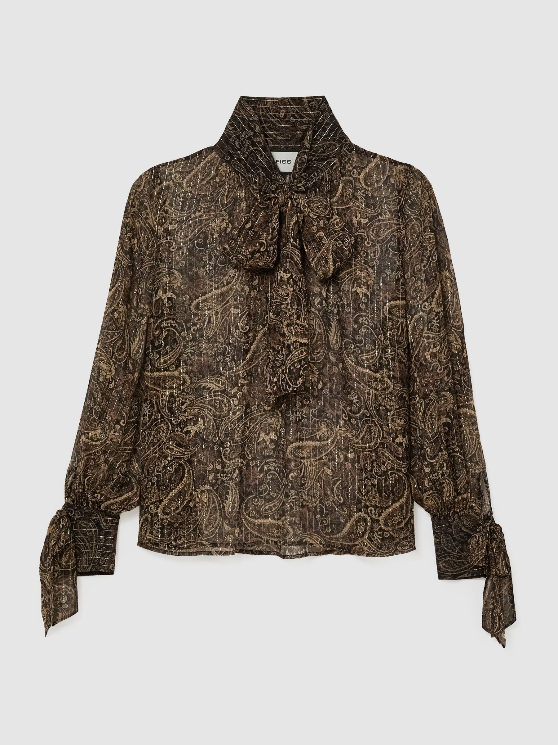 Silk-Georgette Paisley Tie-Neck Blouse in Black/Gold - Image 2 of 7 Silk-Georgette Paisley Tie-Neck Blouse in Black/Gold - Image 2 of 7