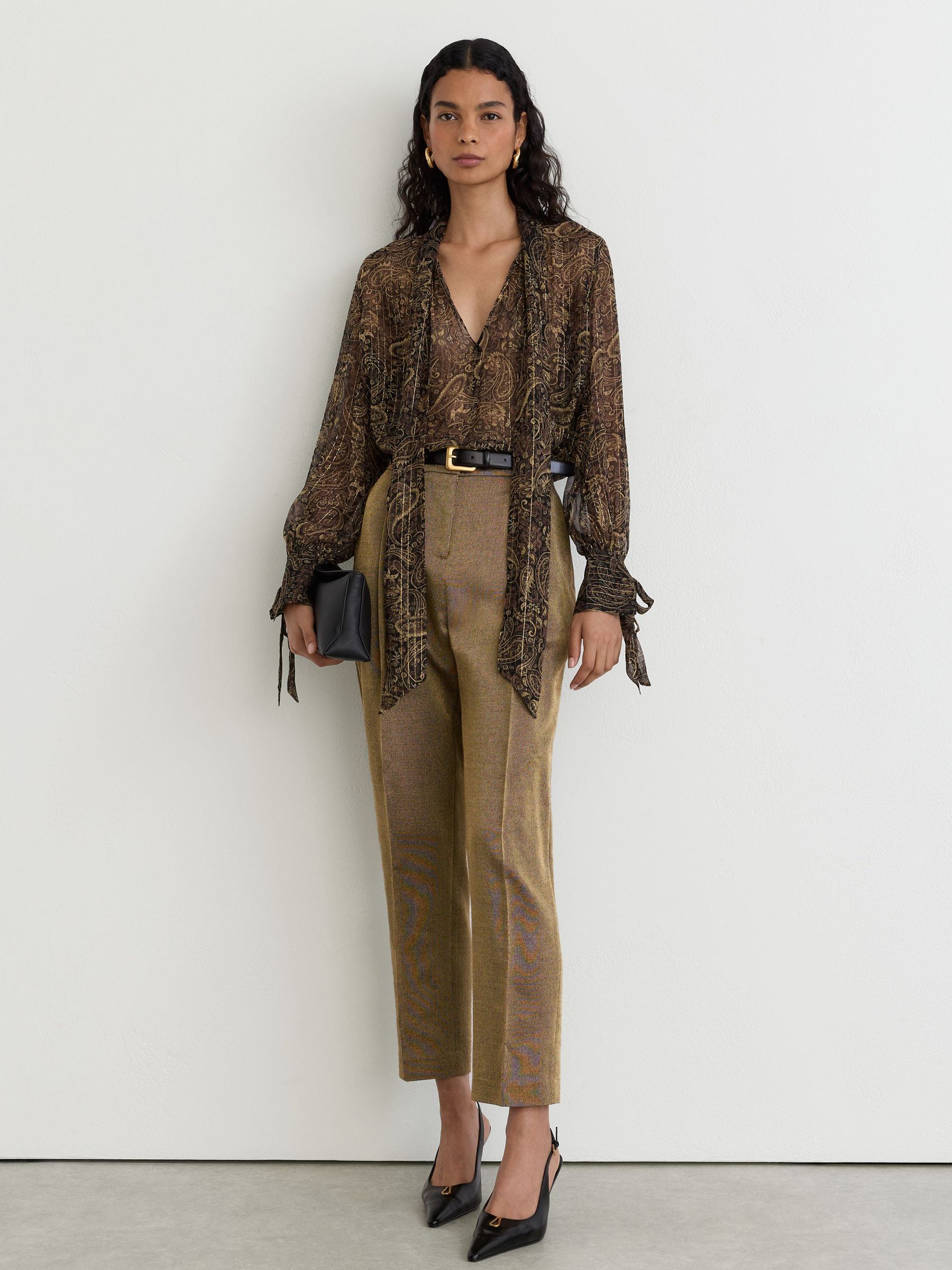 Silk-Georgette Paisley Tie-Neck Blouse in Black/Gold - Image 3 of 7