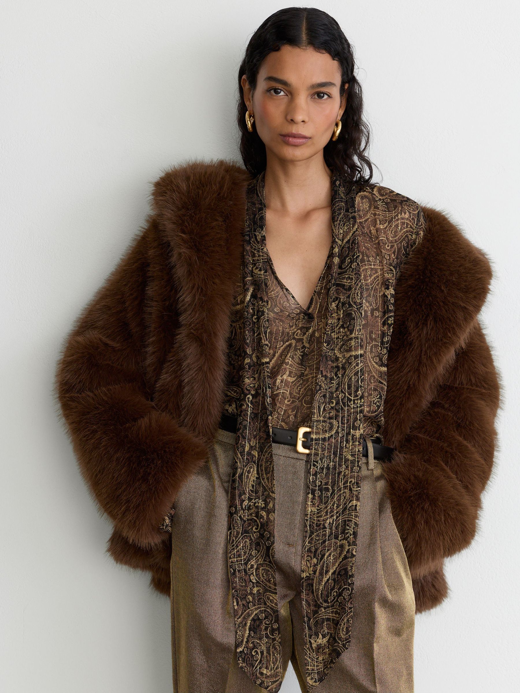 Silk-Georgette Paisley Tie-Neck Blouse in Black/Gold - Image 4 of 7