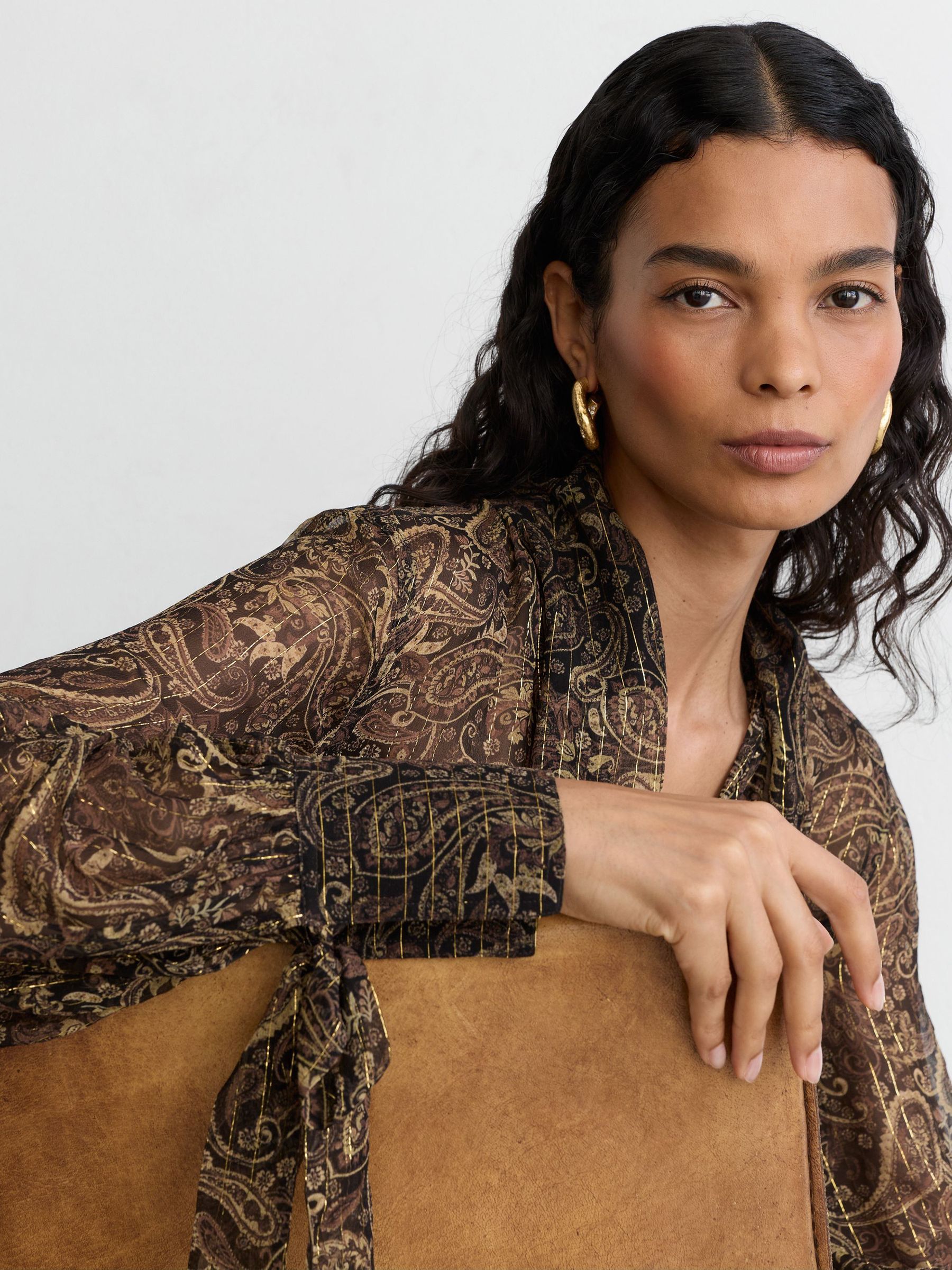 Silk-Georgette Paisley Tie-Neck Blouse in Black/Gold - Image 5 of 7