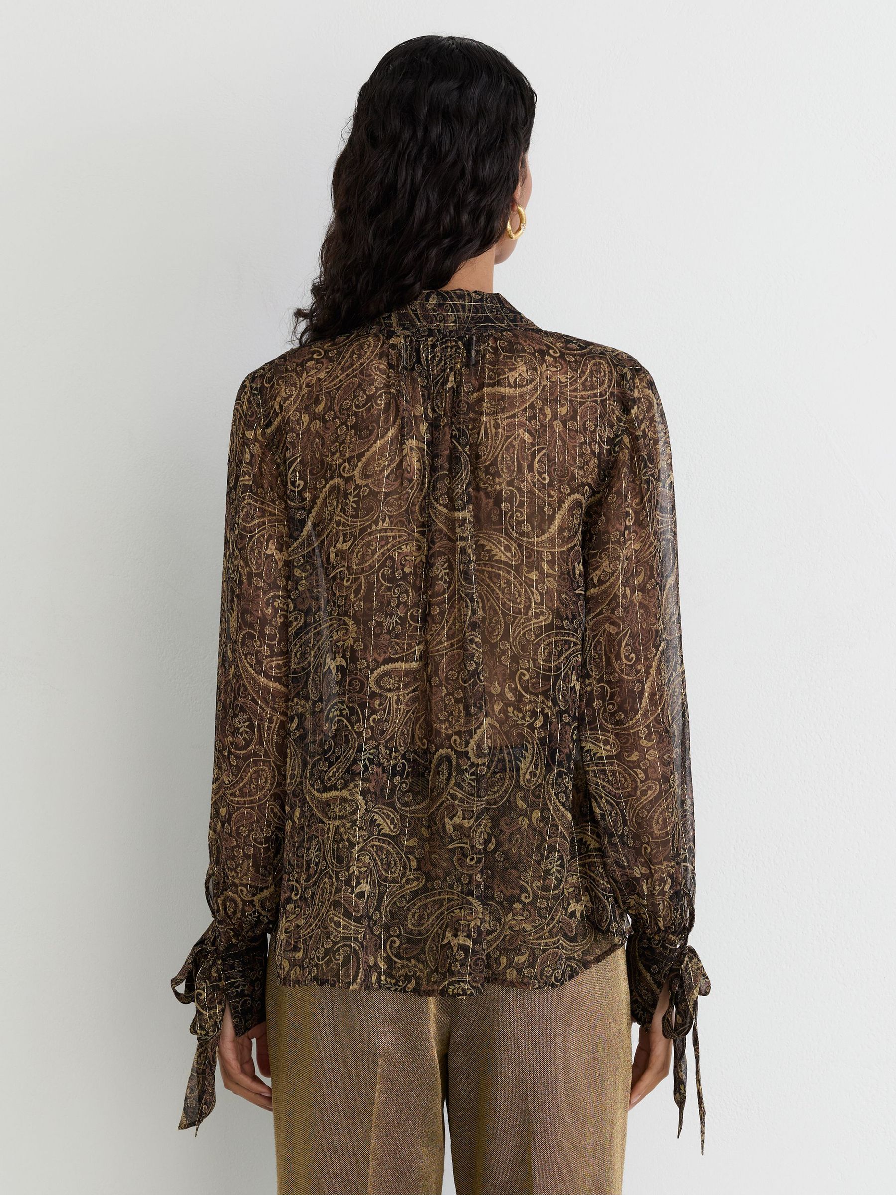 Silk-Georgette Paisley Tie-Neck Blouse in Black/Gold - Image 6 of 7