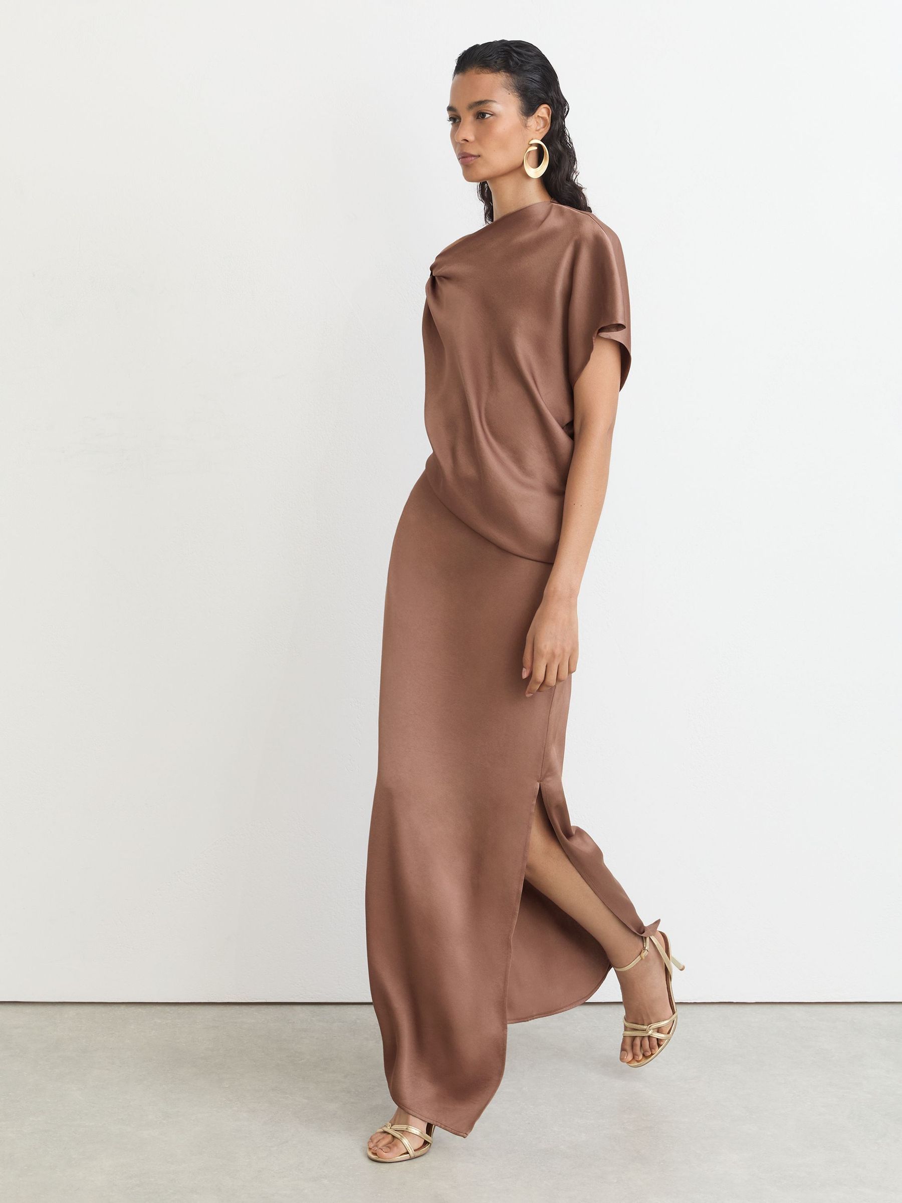 Satin Asymmetric Draped Maxi Dress in Taupe Brown - Image 1 of 7 Satin Asymmetric Draped Maxi Dress in Taupe Brown - Image 1 of 7
