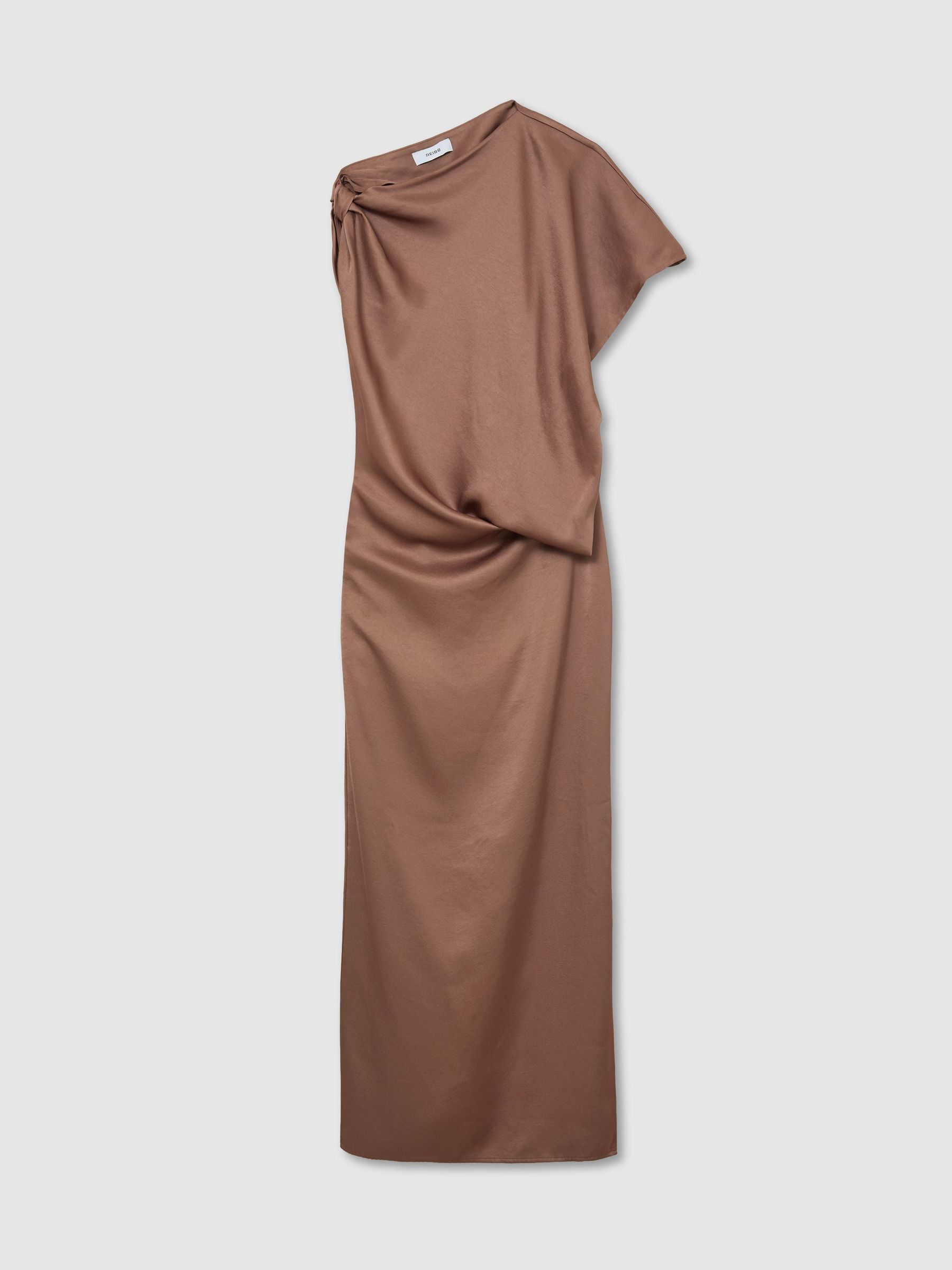 Satin Asymmetric Draped Maxi Dress in Taupe Brown - Image 2 of 7 Satin Asymmetric Draped Maxi Dress in Taupe Brown - Image 2 of 7