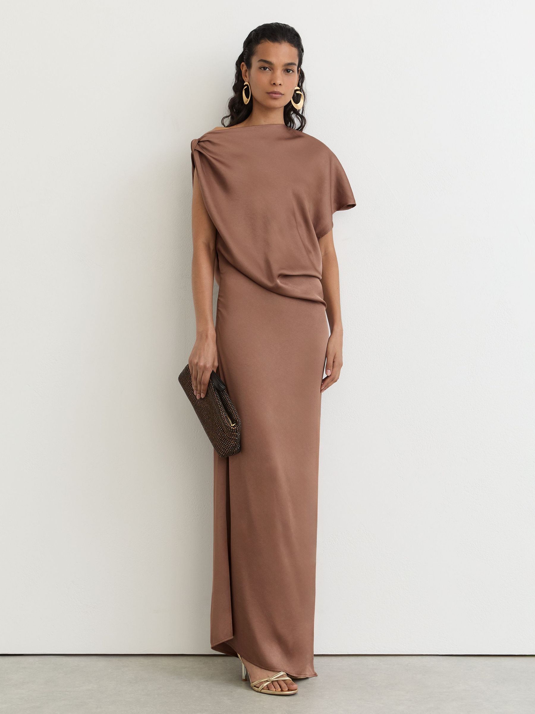 Satin Asymmetric Draped Maxi Dress in Taupe Brown - Image 3 of 7
