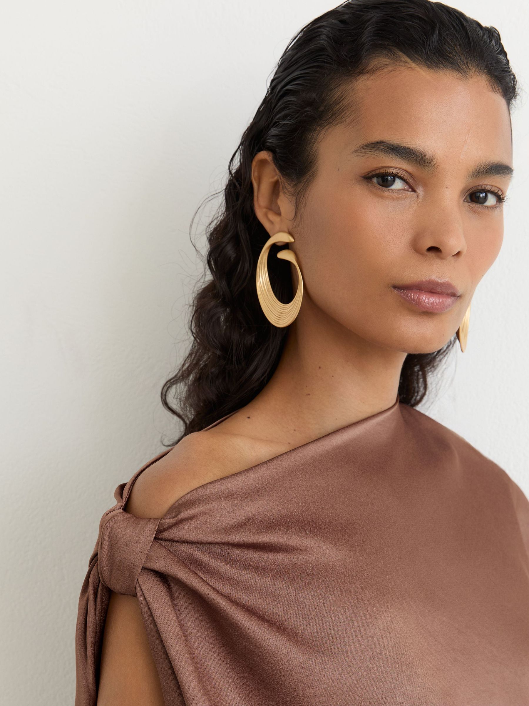 Satin Asymmetric Draped Maxi Dress in Taupe Brown - Image 4 of 7