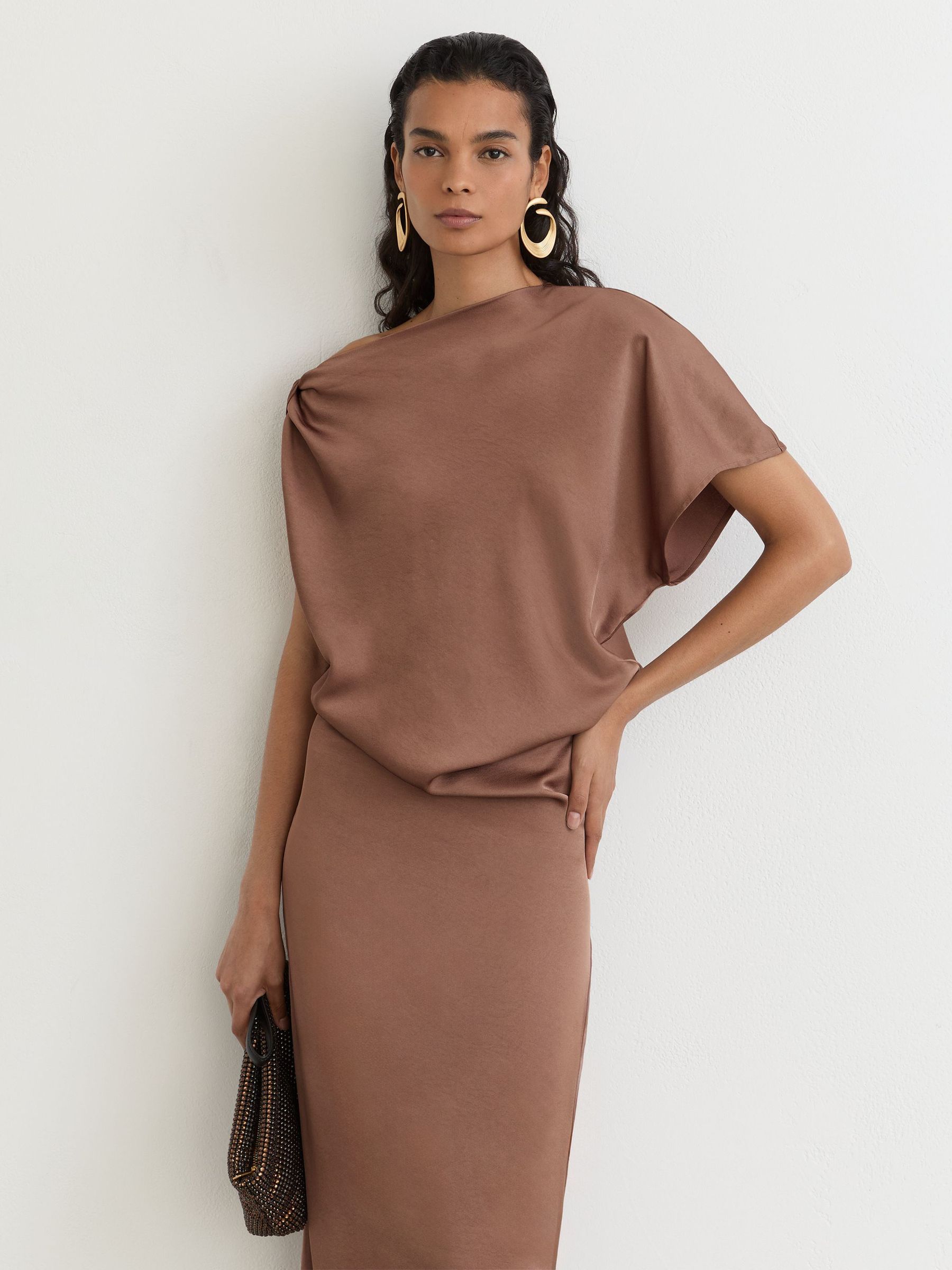 Satin Asymmetric Draped Maxi Dress in Taupe Brown - Image 5 of 7